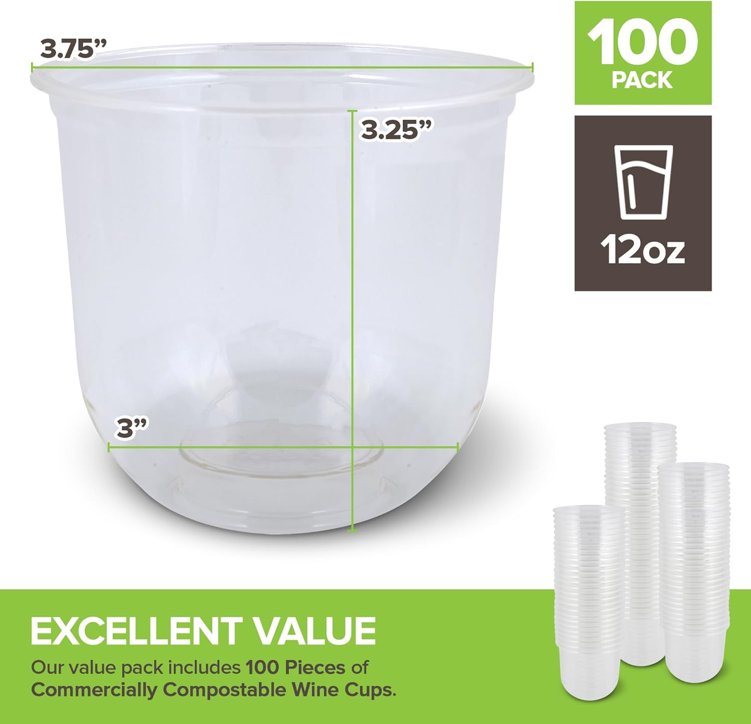 Stock Your Home 12 oz Clear Commercially Compostable Cups (100 Pack), Eco Party Cup, Recyclable Disposable Sustainable Cups for Water, Beer and More, Stemless Design - Image 2