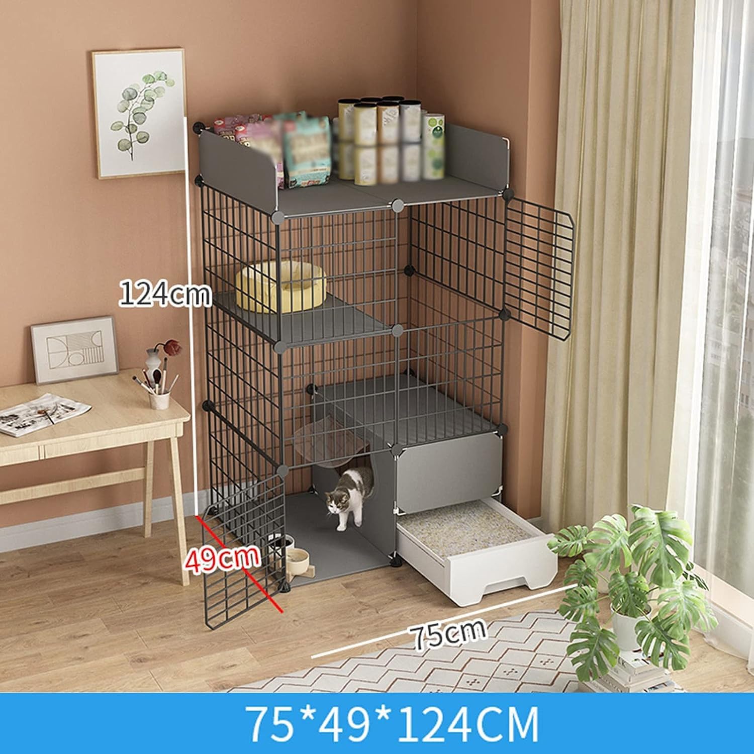 Collapsible Indoor Cat Cage with Litter Box - 2-Tier Large DIY Pet Playpen for Kittens | Comfortable Exercise & Safe Space for Cats