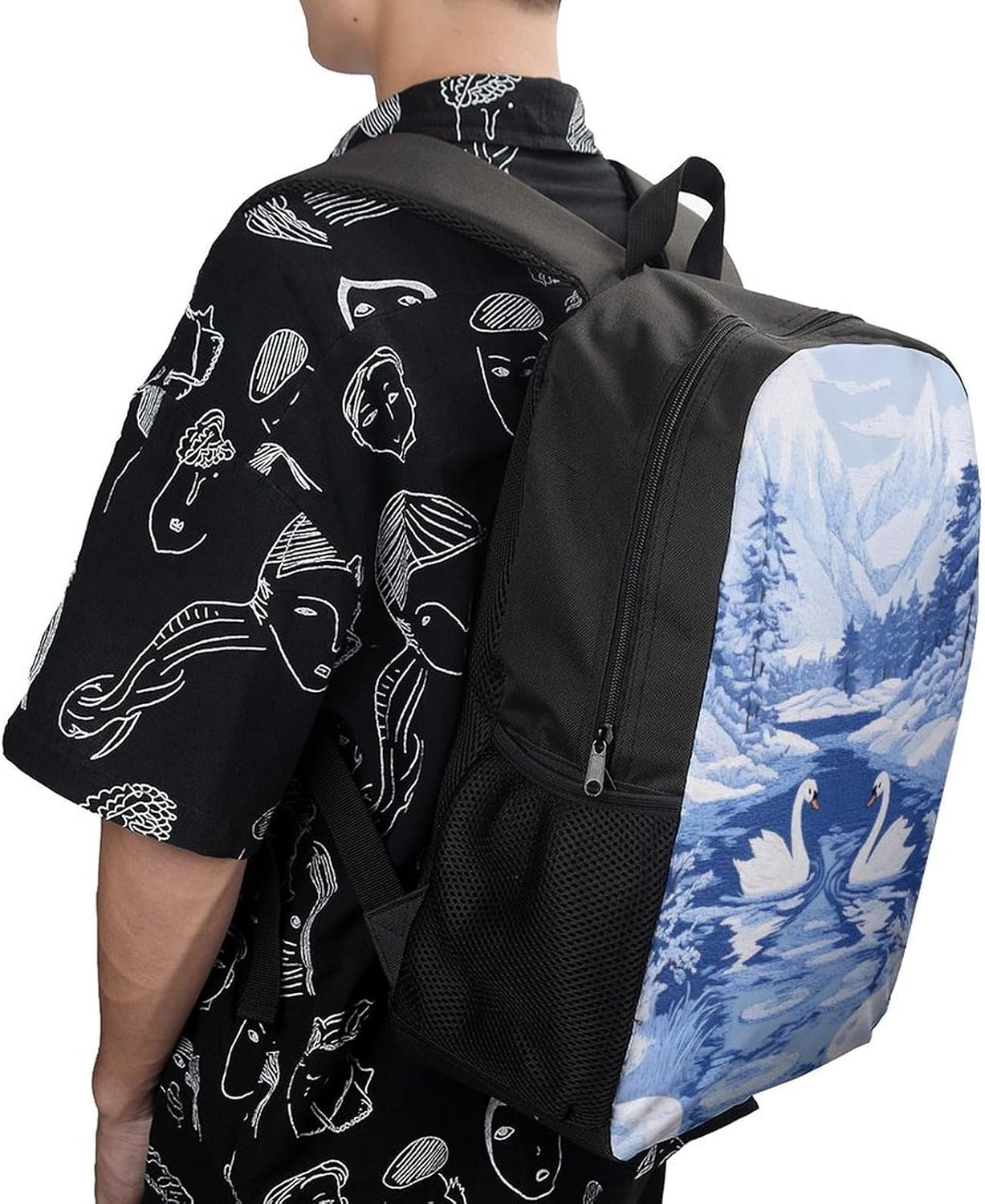 Swans Winter Snow Scene Unisex Backpack 17" Casual Daypacks Simple Shoulders Bag for Camping Hiking Travel Gear