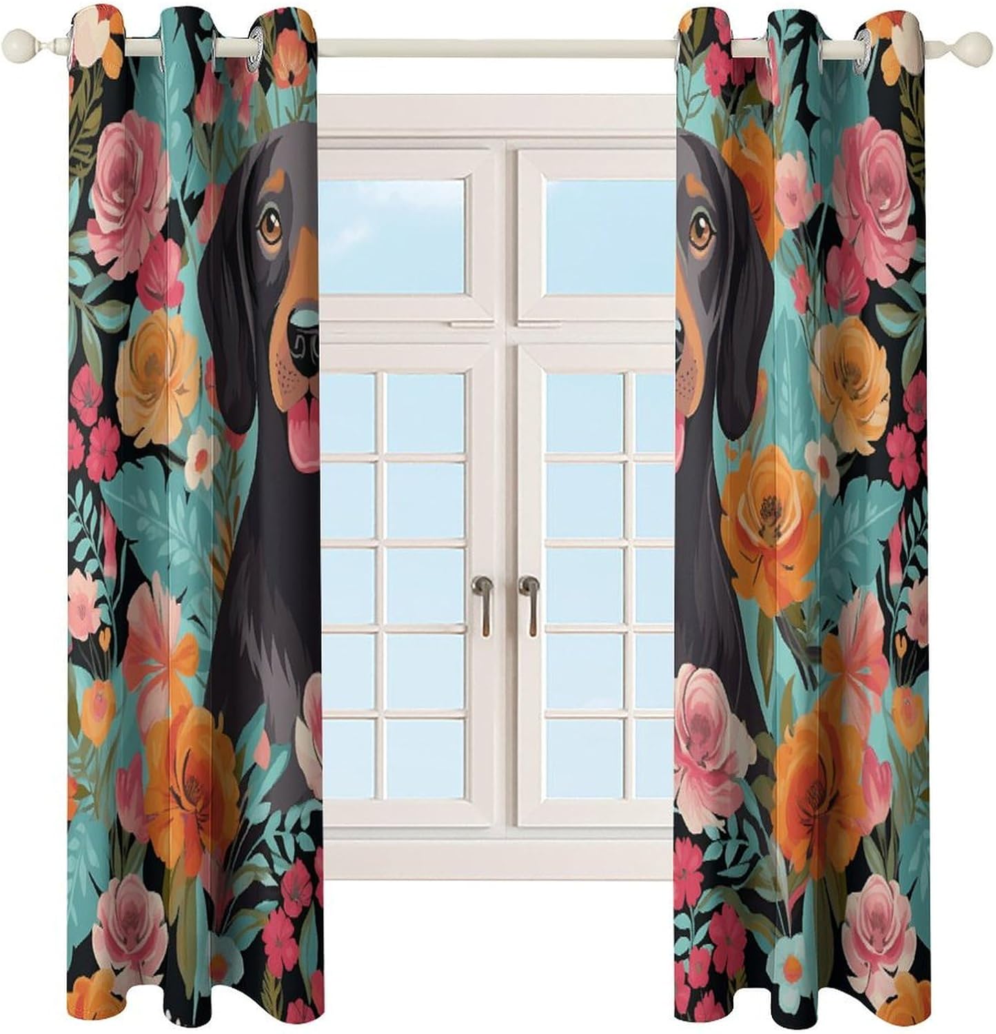 Dog Floral Printed Perforated Curtains, Insulated Curtains for Winter, Thermal Drapes are Suitable for Most Windows, Balconies