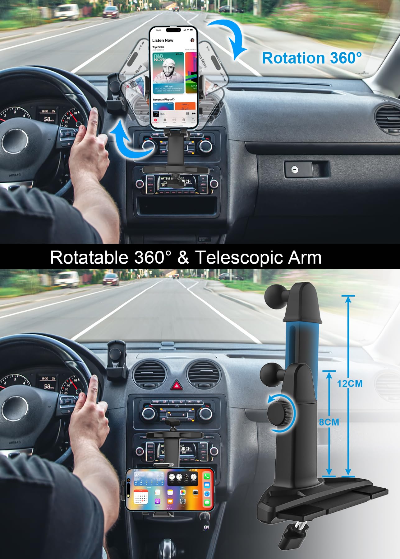 Soporte Móvil Coche CD Ranura, Soporte Teléfono Coche Reproductor de CD | con Brazo Extensible y Rotación de 360° para iPhone 17 Pro Max Plus, Samsung, Todos los Móvils de 4-7"