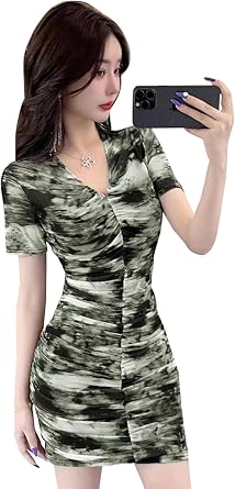 Bestmood Womens Mini Dress, Sexy Tight Dress, Cabaret Dress, V Neck, Floral Print, Short Sleeve, Bodycon Summer, Above Knee, Short Length, Club