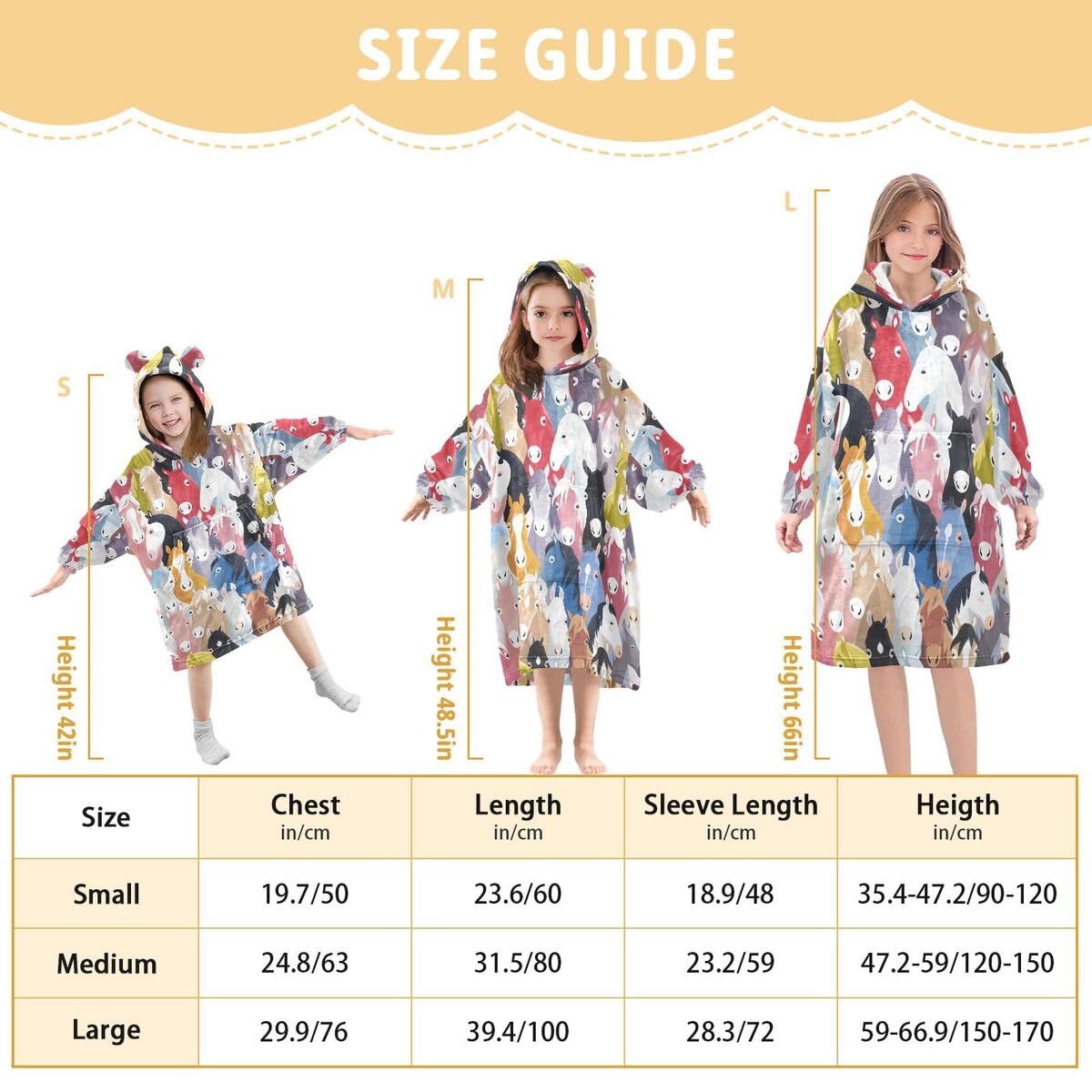 Kolorowe kreskówkowe konie dziecięcy koc do noszenia bluza z kapturem oversize bluza koc sweter koń uroczy dla chłopców i dziewcząt w wieku 3-14 lat