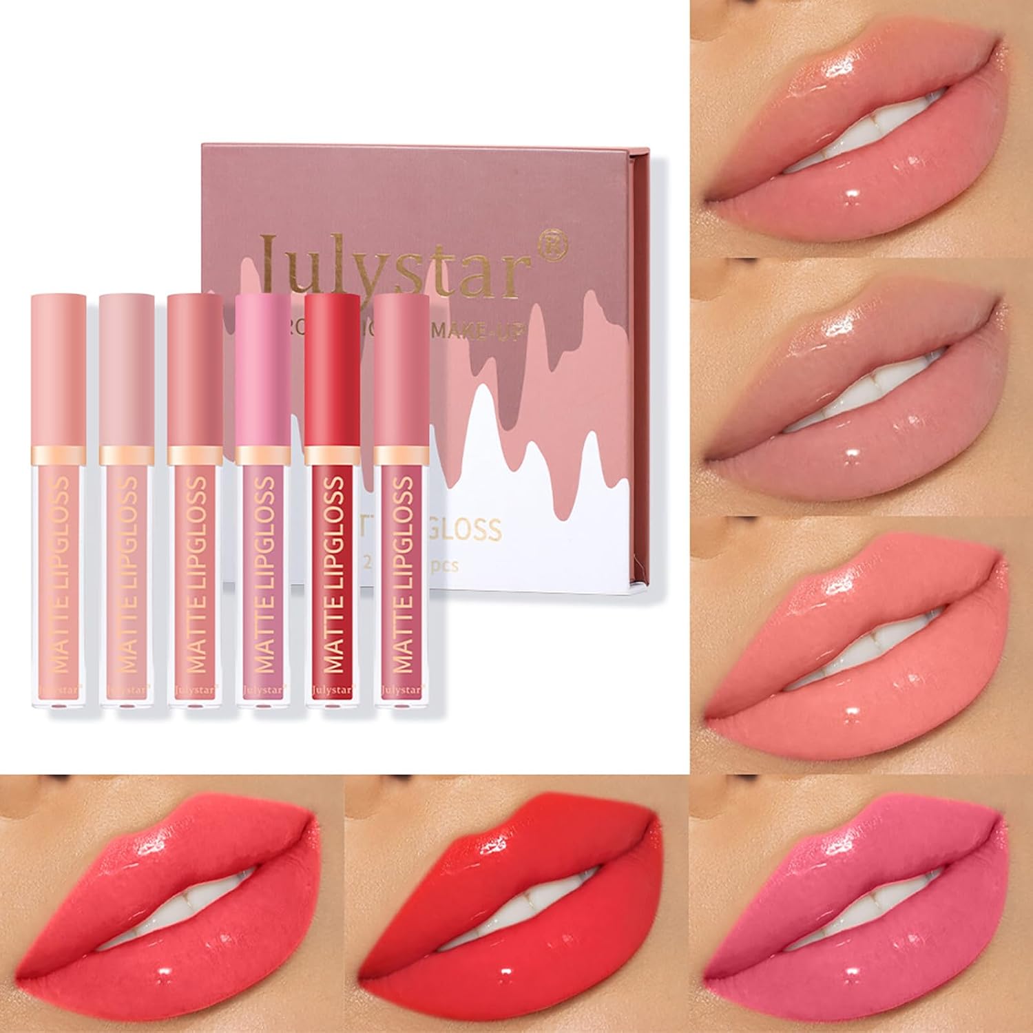 Pure Vie Lipgloss Lip Tint Lipstick Set, 6Kleur Nude Liquid Lip Gloss Waterdichte Langdurige Anti Aanbakbeker Lippenstift Make up Cadeau Set voor Kinderen Meisjes Tieners Dames