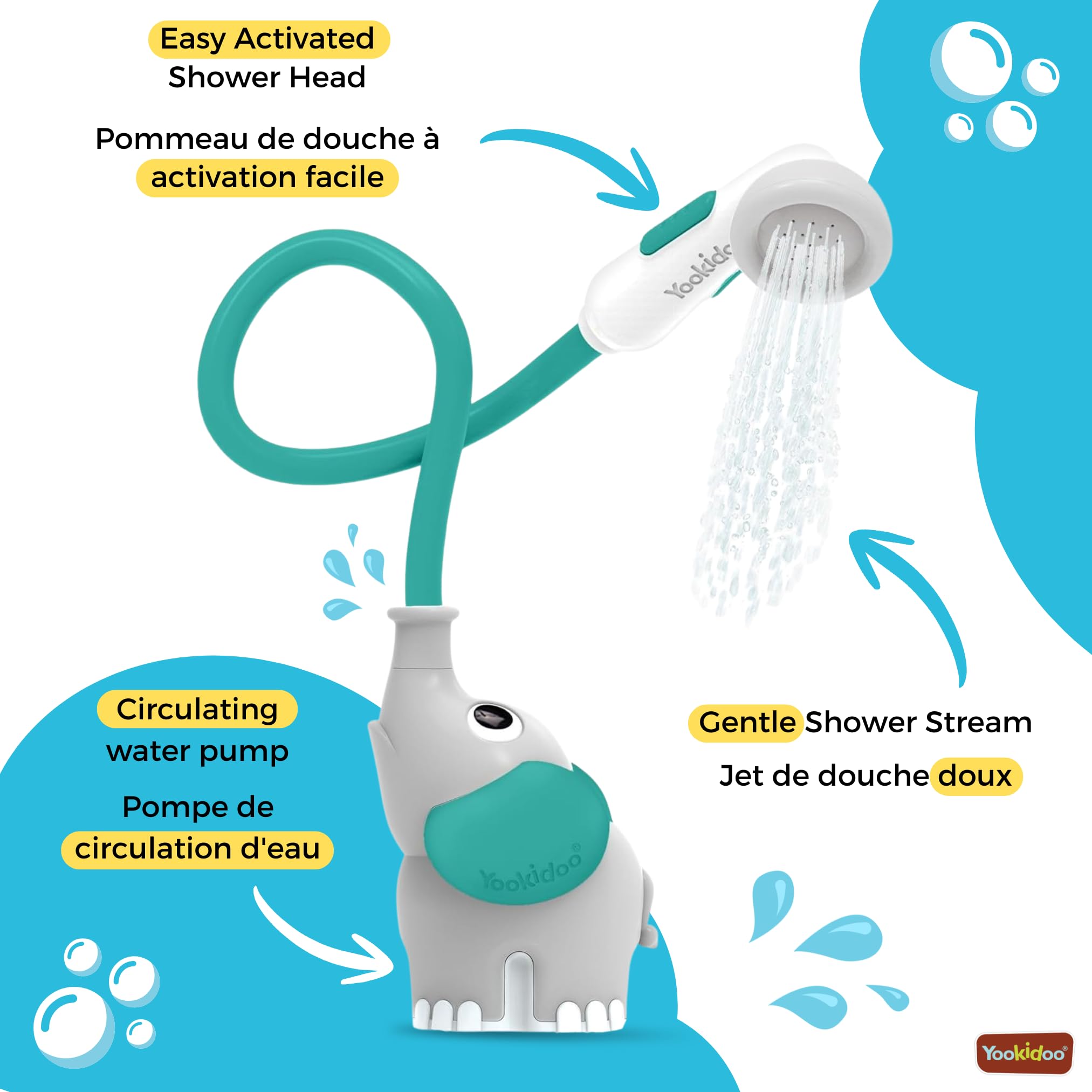 Yookidoo – Ducha de baño elefante gris y verde – Juguete de baño para bebé – Juego de baño y ducha despertar de los sentidos – Manguera de rociador de juguete de baño para bebé – Regalo de bebé de 0 a