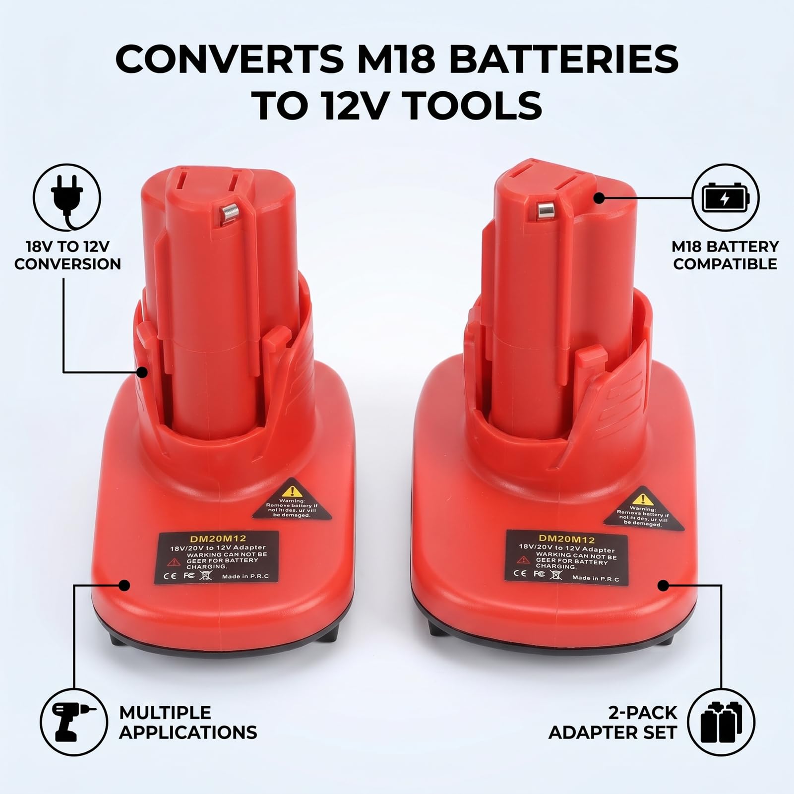Luocute 2 szt. Zasilacz do Akumulatora 18 V do 12 V, Konwerter ABS Elektronarzędzia M12