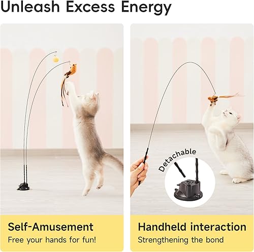 Miniatura 6 de Potaroma Juguete interactivo de varita para gatos con ventosa, doble varita para gatos de interior con 5 accesorios de bolas de plumas, base de