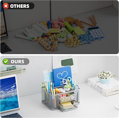 Miniatura 7 de Marbrasse Mesh Desk Organizer, Pen Organizer with 2 Drawer, Multi-Functional Pencil Holder, Desk Organizers and Accessories with 5 Compartments +