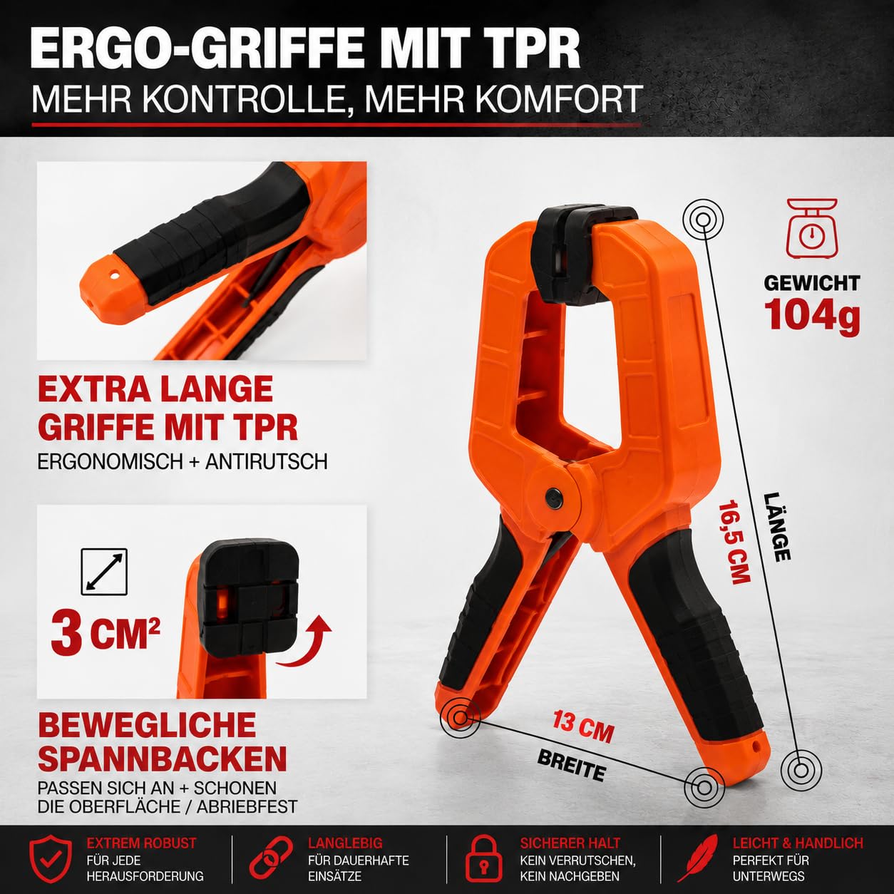 ExpertenWerk Klemmzwingen 10er Set für DIY, Werkstatt, Pool & Fotografie – extra starke Federklemmen mit 8 cm Spannweite & 15,4 kg Spannkraft – rostgeschützte Hochleistungsfeder – Designed in Germany