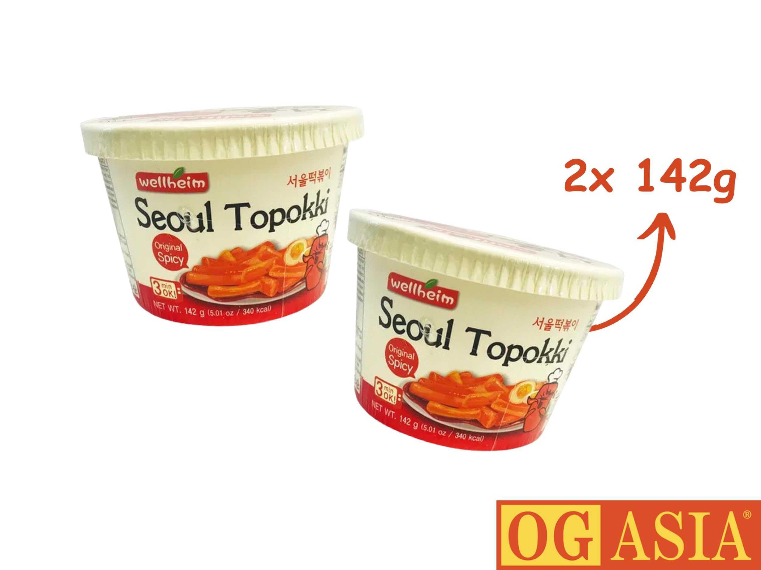 Wellheim Seoul Original Spicy Tteokbokki Confezione doppia – torta di riso coreana in tazza – gusto originale piccante – 2 x 142 g – OG ASIA – 284 g (originale affilato)