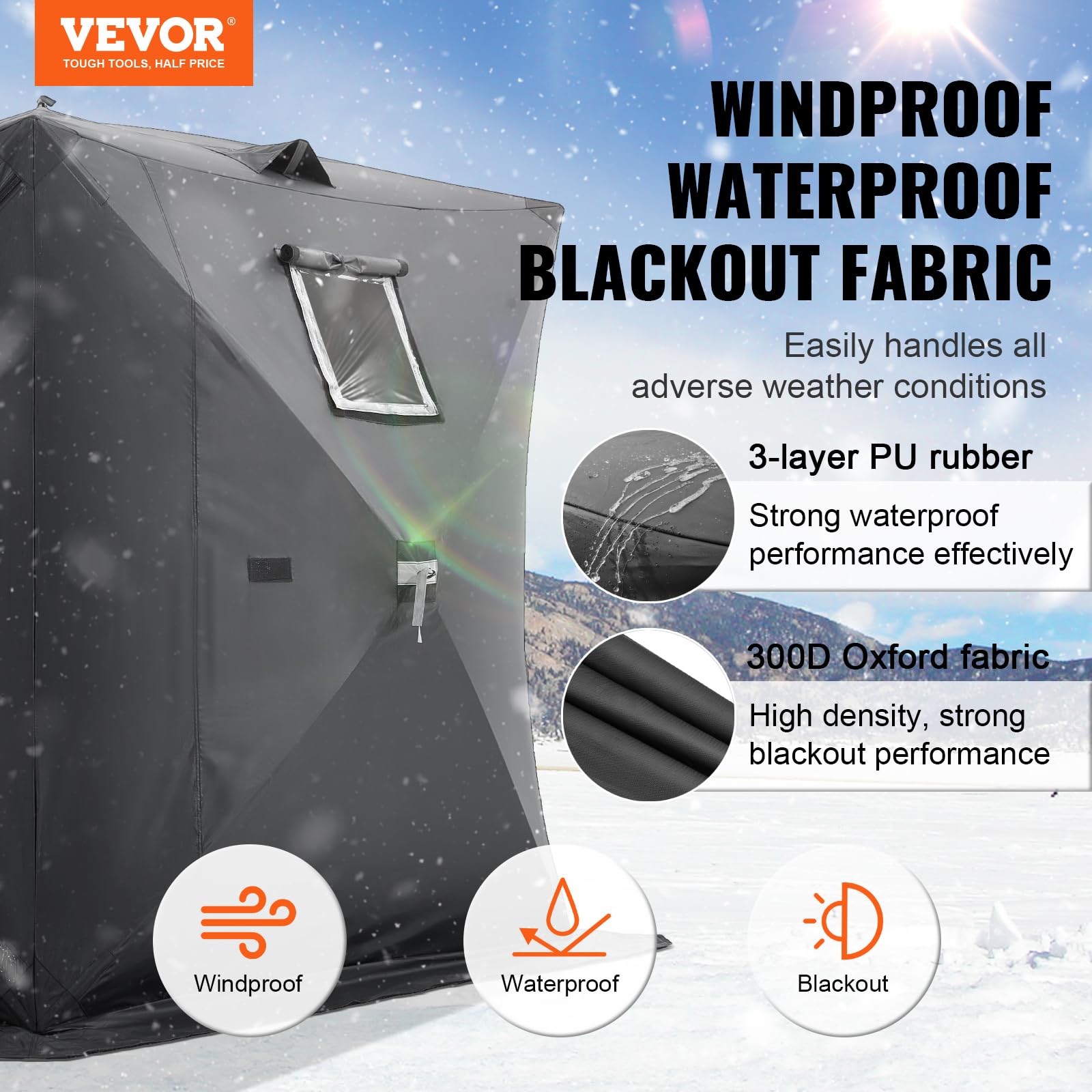 VEVOR Tente de pêche à glace portable pop-up pour 1 à 8 personnes, abri à glace isolé, grande zone de pêche, bidon de glace style hub pour la pêche d'hiver, cube de glace Oxford imperméable avec