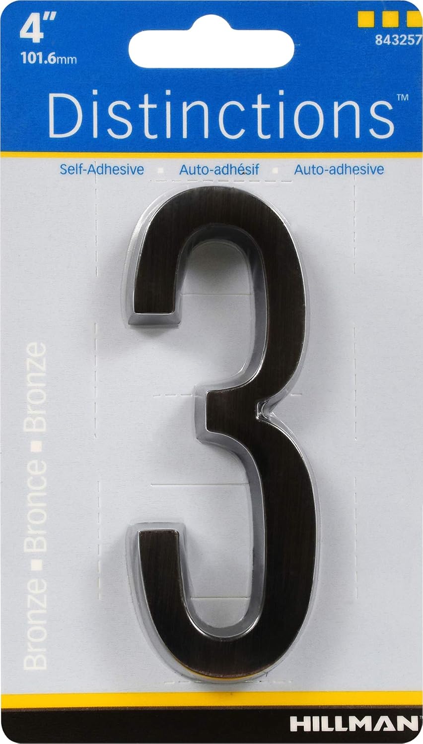 Distinctions 843257 House Number 3, Aged Bronze Zinc Self-Adhesive Address Number, Modern Outdoor Address Sign for Front Door, Mailbox, Wall, or Plaque, 4 Inches