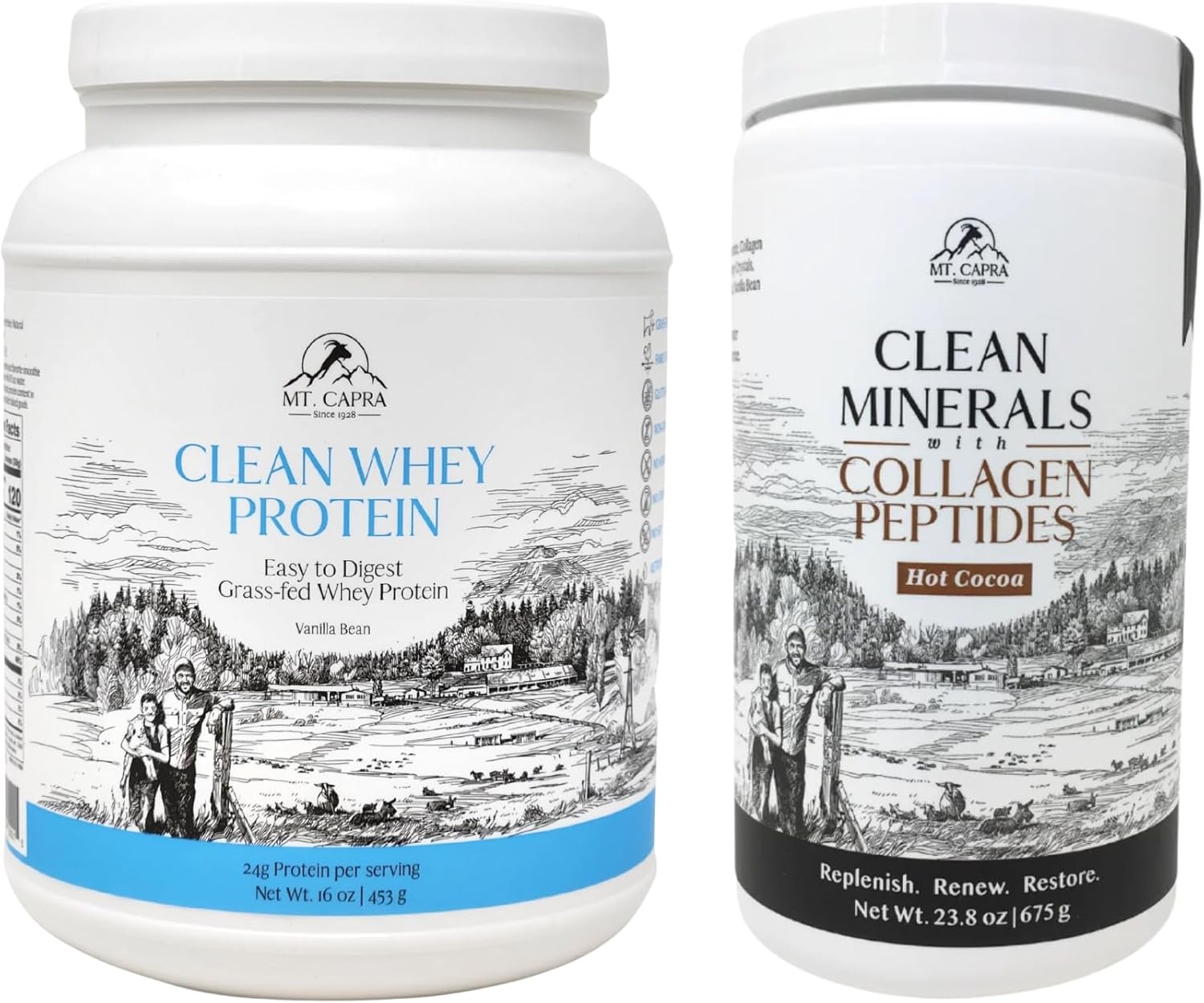 Mt. Capra Clean Whey Protein (Vanilla Bean) and Clean Minerals with Collagen Peptides (Hot Cocoa)
