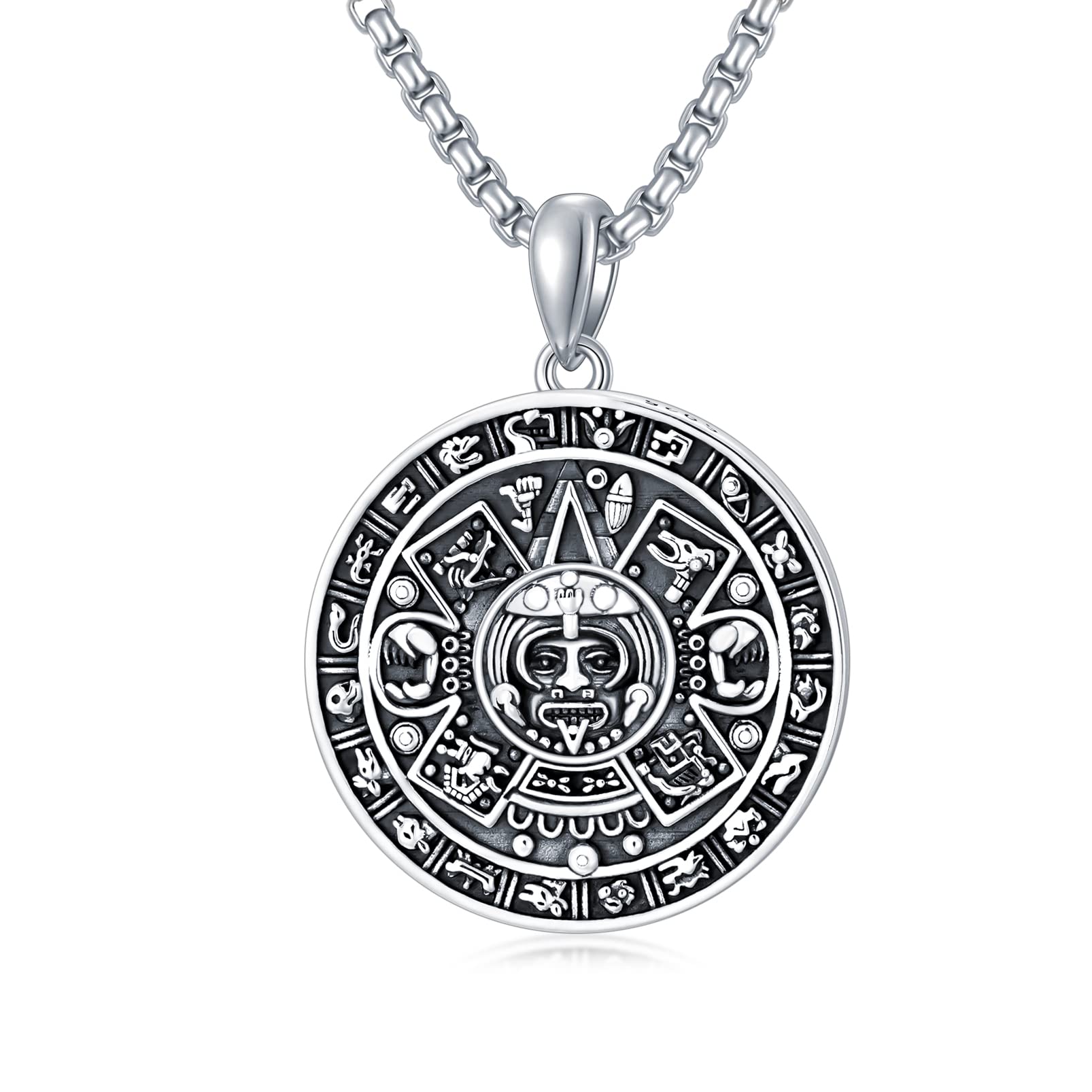Seiyang Aztec Calendar Necklace Sterling Silver Round Aztec Mayan Calendar Pendant Necklace Jewelry with 2mm 22+2 In Rolo Chain