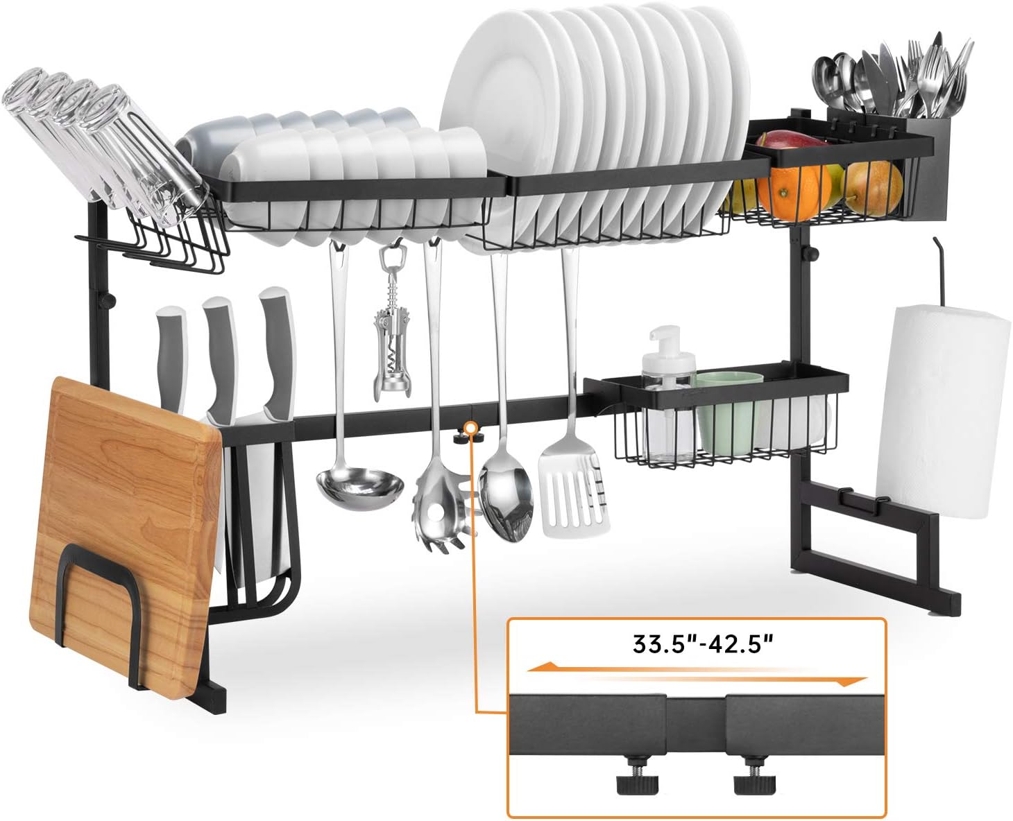 Over The Sink Dish Drying Rack Adjustable (33.5-42.5" Inch), 2 Tier Large Stainless Steel Dish Drainer for Countertop, Kitchen Storage Organizer with 5 Utility Hooks and Paper Holder -Black