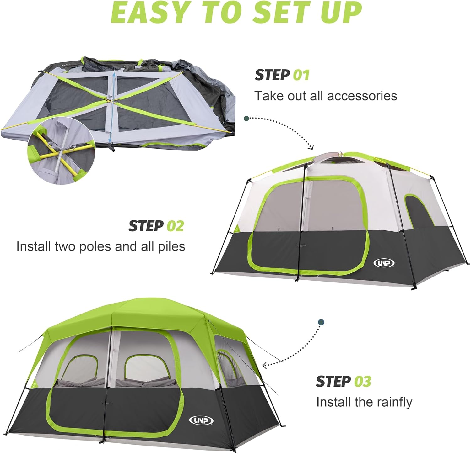 UNP 2/4/6/8 Person Tent, Portable Cabin Tent, Camping Tent 4-Person Easy Set Up, Waterproof with Top Rainfly for Outdoor Camping/Hiking