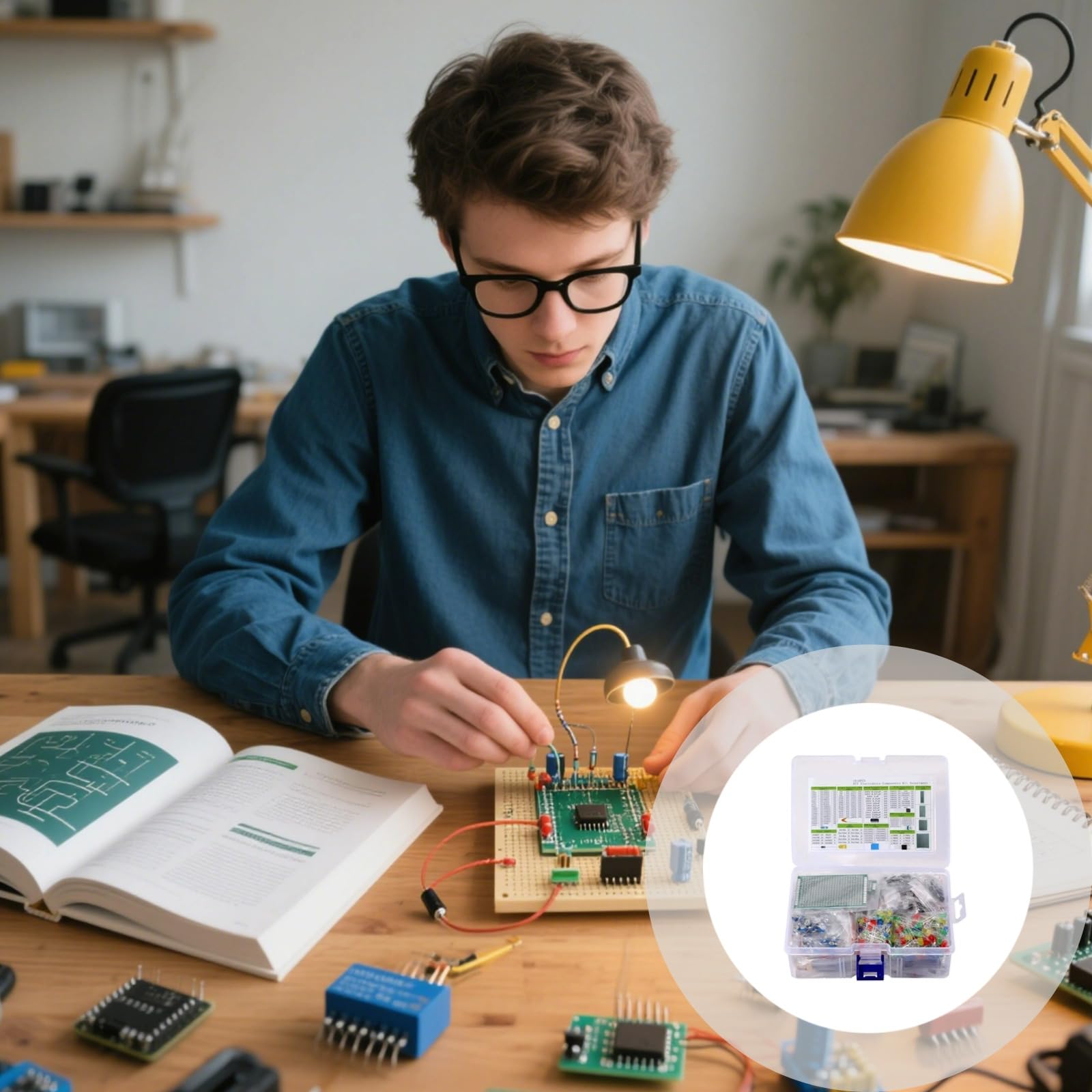 Zestaw komponentów elektronicznych do UNO R3 i Raspberry Pi, zawiera płytki prototypowe, rezystory, kondensatory, przewody i inne, kompaktowe plastikowe pudełko do przechowywania do łatwego sortowania
