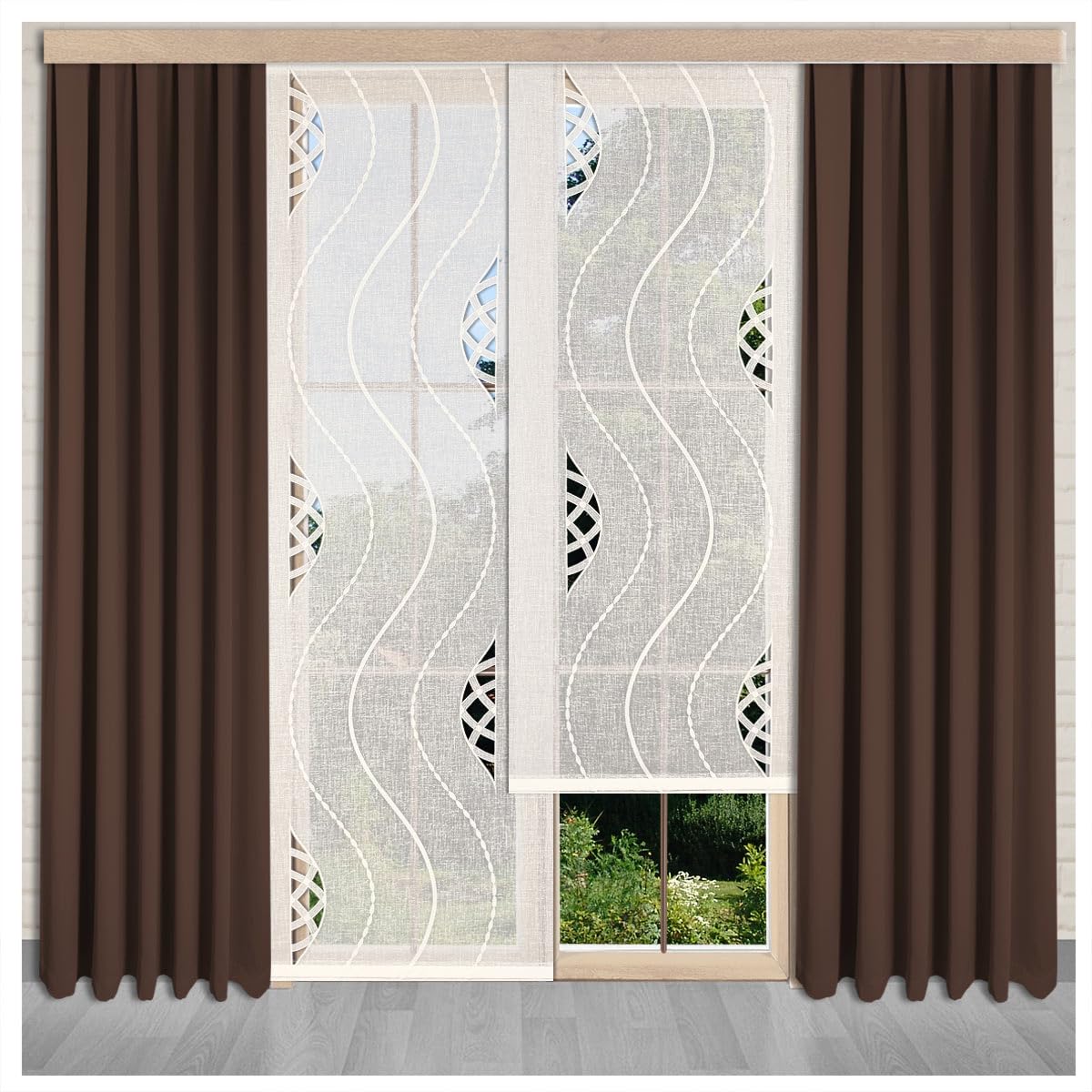 Flächengardine Eliana Vogtländische Spitze in ecrú | Schiebepaneele Wellen-Muster in natur | Zeitloser Flächenvorhang halbtransparent | Schiebegardine Käseleinenoptik Höhe x Breite 93 x 45 cm