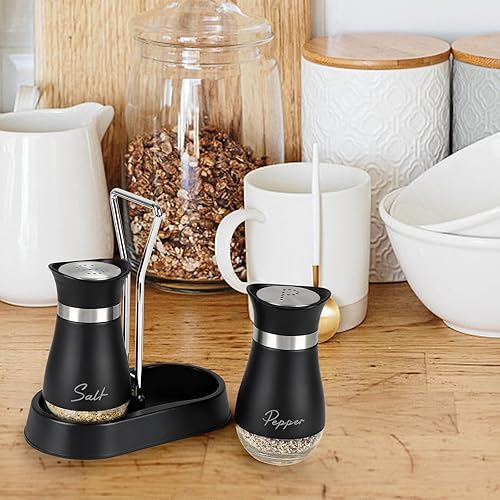 Miniatura 8 de Accmor Juego de saleros y pimenteros con soporte, recipientes de acero inoxidable de 4 onzas con fondo de vidrio para cocina, barbacoa, bar, mesa,