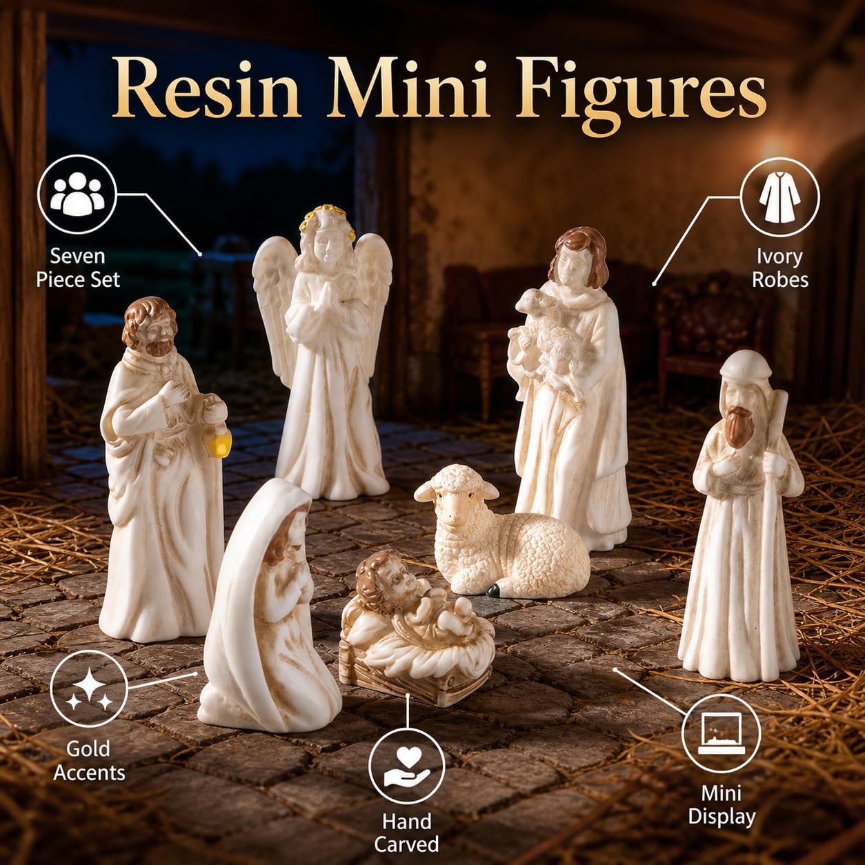 Christmas Nativity Scene Set, 7 Pcs Ramdon Miniature Manger Figurines with Holy Family and Sheep, PVC Resin Religious Tabletop Decoration for Home Church Mantel Shelf Display