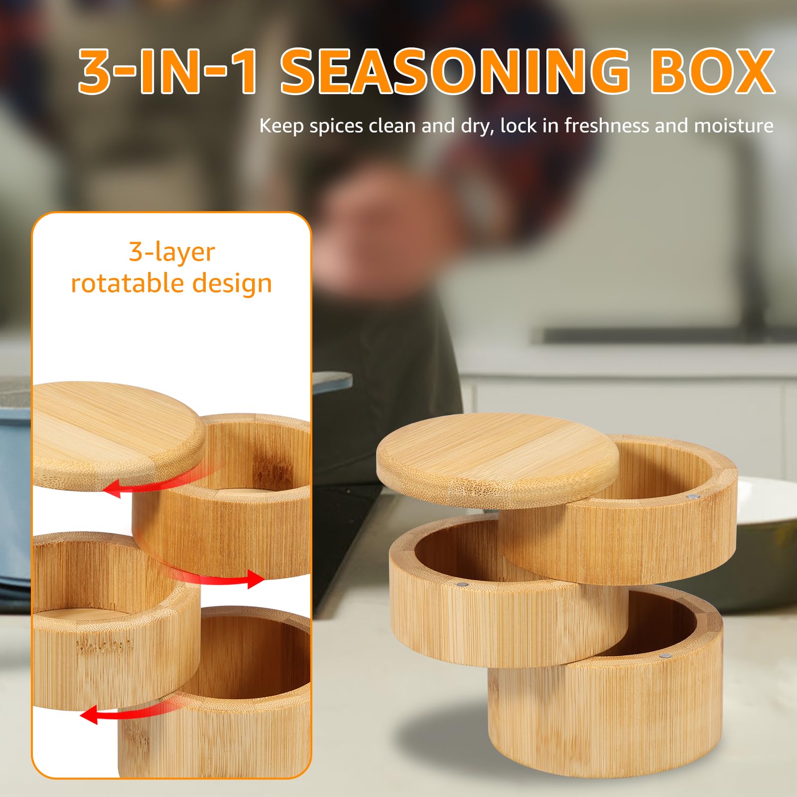 Bamboo Salt Cellar with Magnetic Cover 3 Layer Bamboo Salt Box One Hand Handling Salt Storage Container Large Capacity Spice Container 3.5×4.5 Inch Kitchen Salt Box for Salt Spices peppercorns