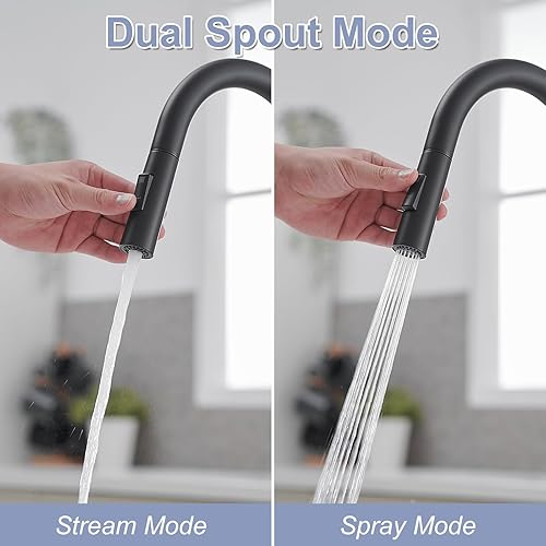 Miniatura 3 de BWE Grifos de cocina con rociador desplegable de 2 funciones de arco alto negro mate grifo de fregadero de cocina de latón de una sola manija con