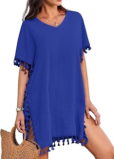 AI'MAGE Women Bathing Suit Cover Up Tassel Swimsuit Coverup Short Sleeve Beach Cover Ups Dress V Neck Beach Wear S-3XL