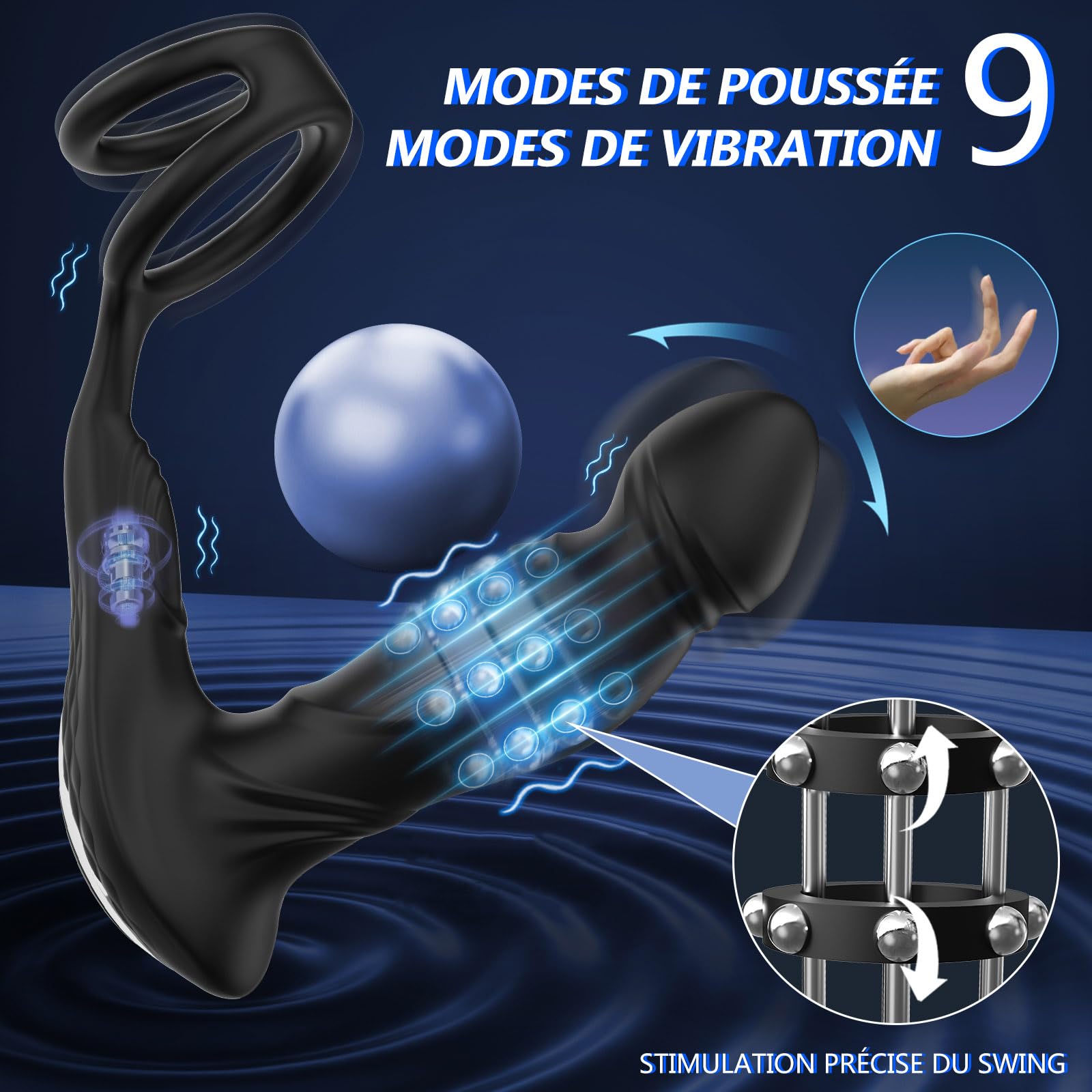 Estimulador de próstata 3 en 1 (con anillo para el pene): plug anal con 9 funciones y 9 modos de vibración — Juguete erótico