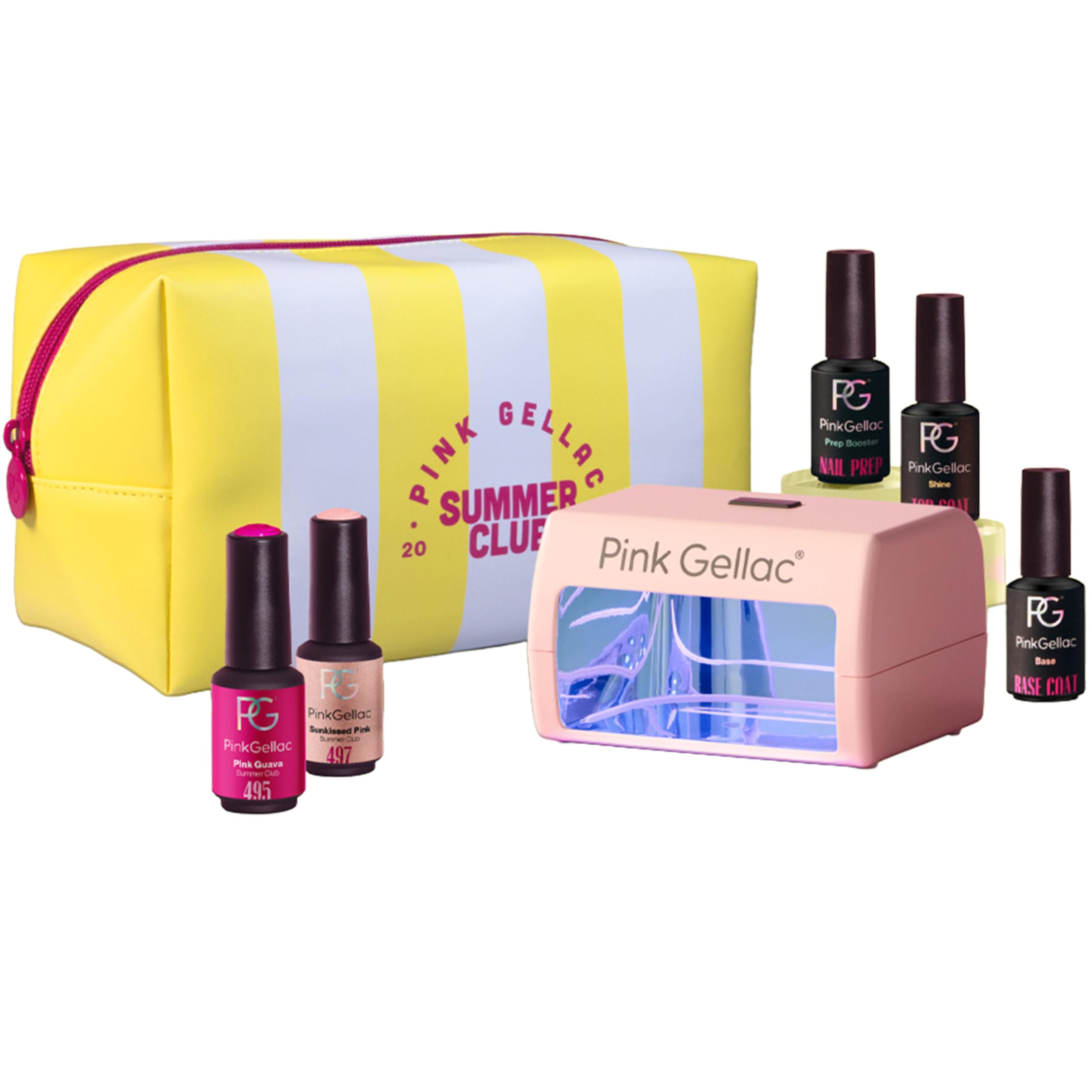 Pink Gellac Gel Nails Set Summer Club - UV Gel Nail Starter Kit, Pink Mini UV Lamp, 2x 8ml Pink Colours, Top & Base Coat, Prep Booster, Remover & Cleaner Pockets, Beauty Bag - DIY Nails