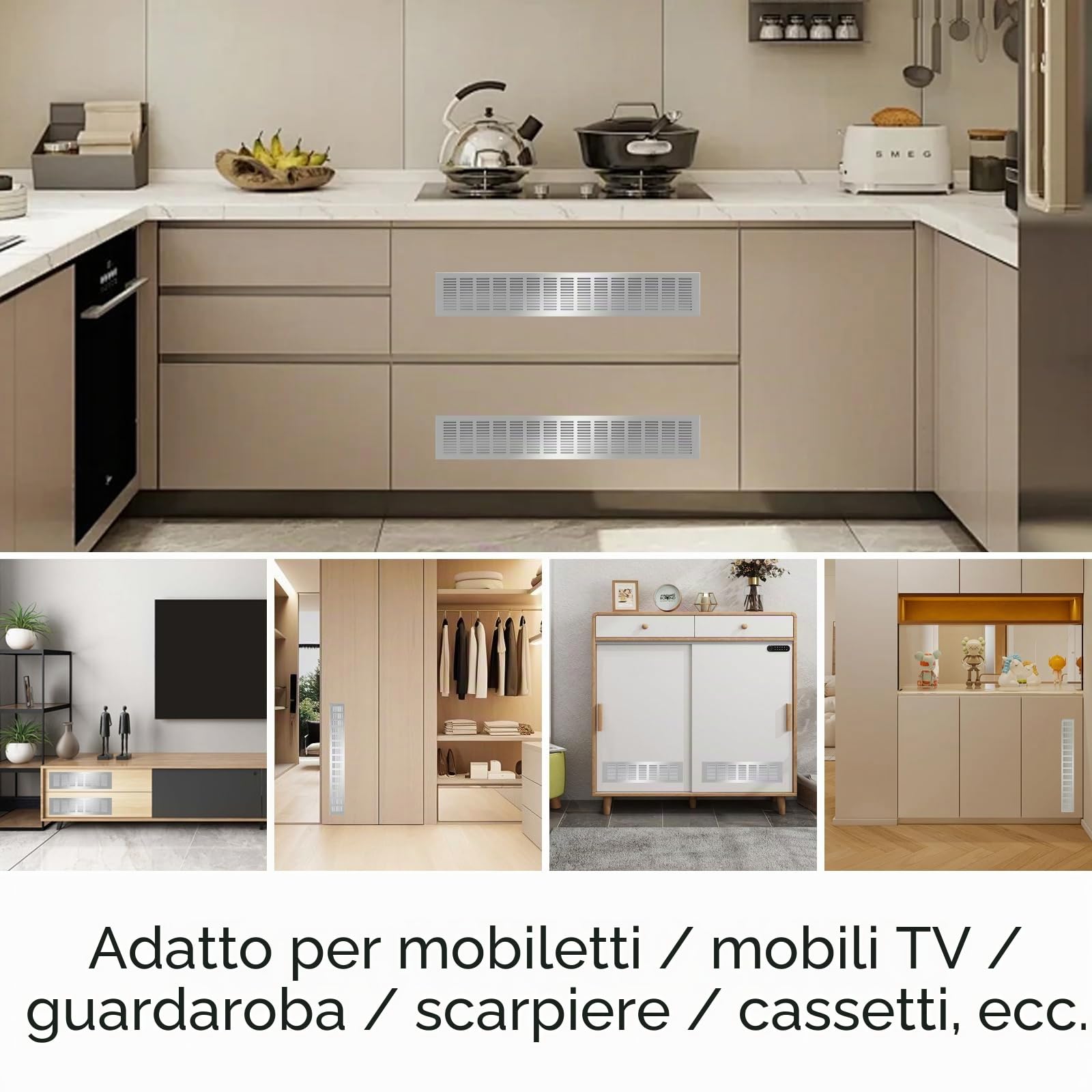 4 griglie di ventilazione in alluminio, griglia di ventilazione, griglia di ventilazione, rettangolare, per scarpiera, bagno, cucina, soggiorno, 80 mm x 300 mm