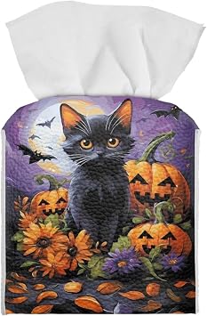 Halloween Black Cat Pumpkin Purple Tissue Box Holder Home Decor Leather Modern Tissue Case Cover Square Decorative for Family Table Night Stands Vanity Countertop Desks