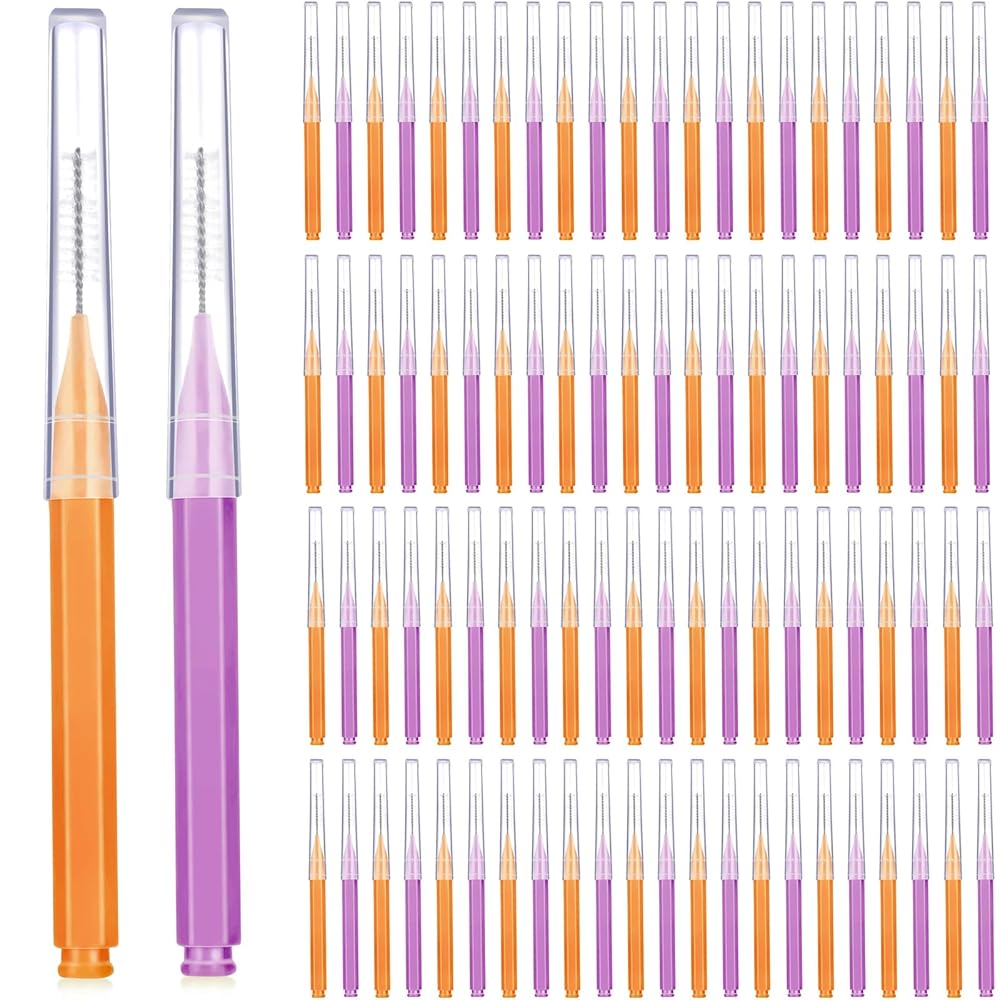 Patelai 100 Pieces Braces Brush for Cleaner Interdental Brush Toothpick Dental Tooth Flossing Head Oral Dental Hygiene Flosser Toothpick Cleaners Tooth Tool(Purple, Orange,Cute Size)
