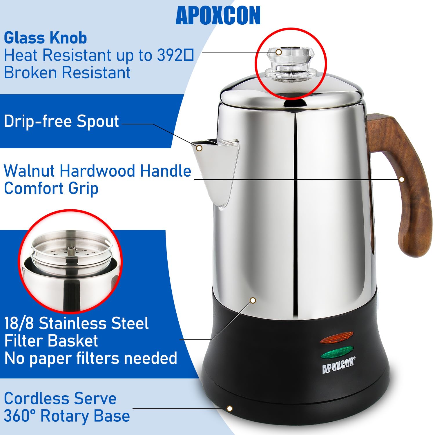 APOXCON Stainless Steel Coffee Maker - Keep Warm & Easy Use -4