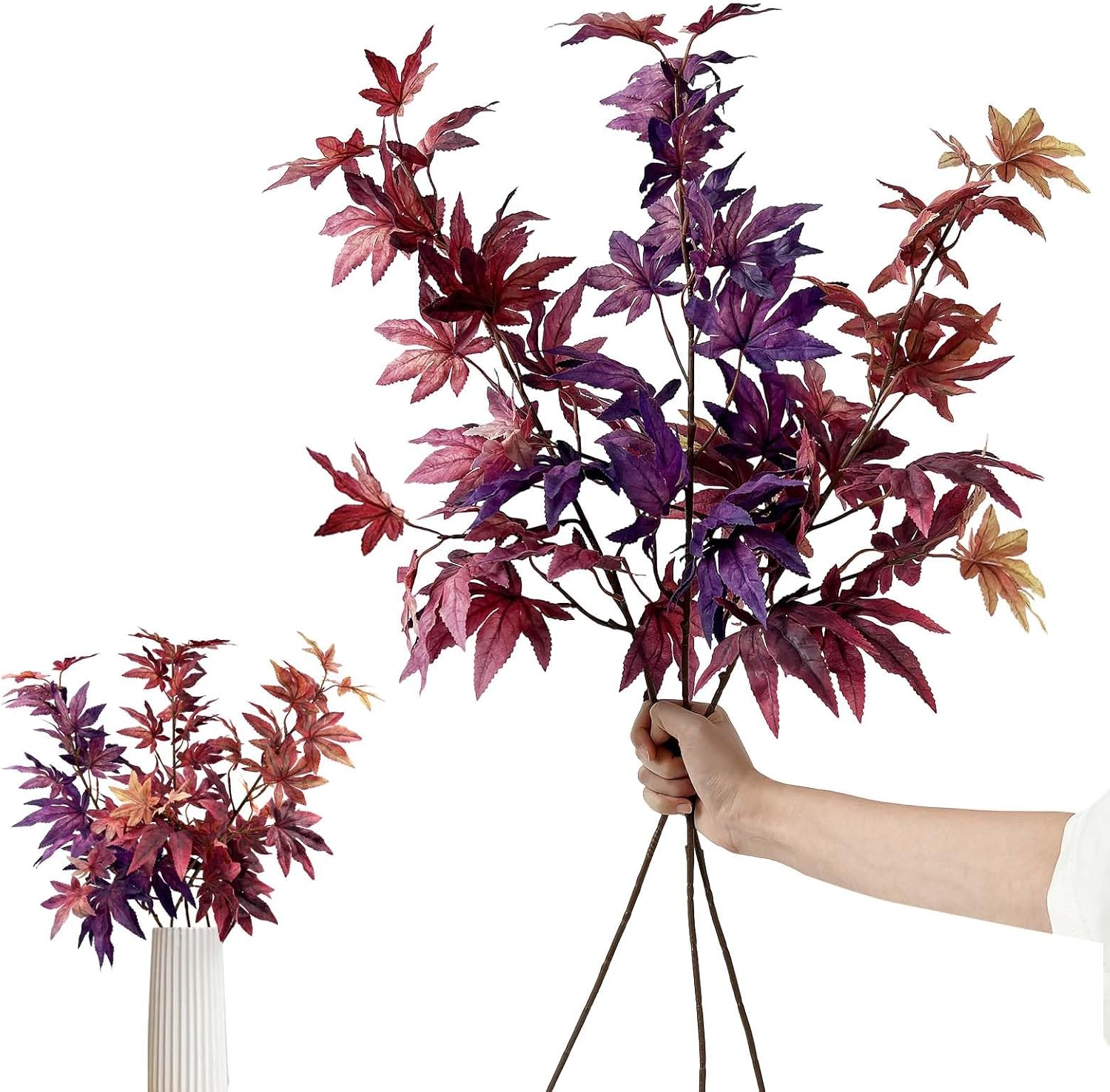Daily Treasures 3Pcs Artificial Maple Leaves Branches,32.6'' Silk Autumn Fake Fall Leaves Stems Plants,Faux Maple Leaf Bushes Shrubs for Fireplace Halloween Decorations(Autumn Red/Dark Red/Purple)