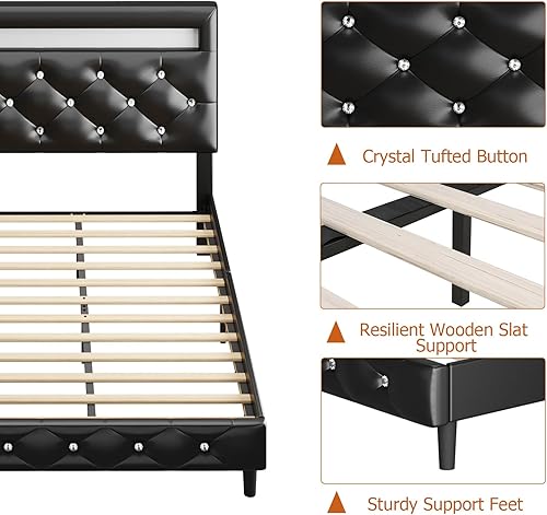 Miniatura 19 de Keyluv Moderno marco de cama Queen tapizado con luces LED, base de cama de piel sintética de bajo perfil, cabecera capitoné ajustable con botones de