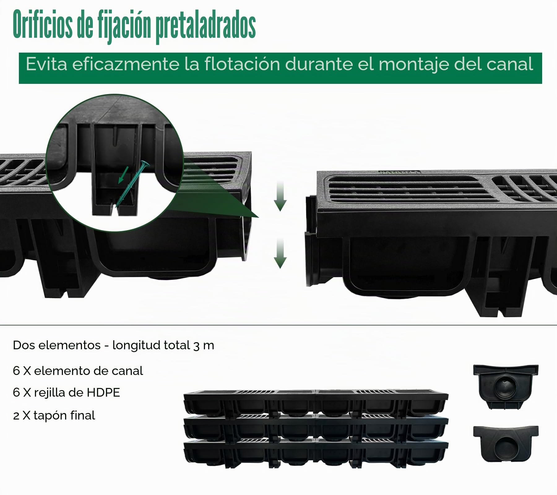 Lote de 6: 500x140x100 mm Drenaje de Terraza en PEAD Negro con Rejilla, B125 drenaje exterior de PEAD, 3m, para el camino, el jardín, la terraza, el garaje, el patio