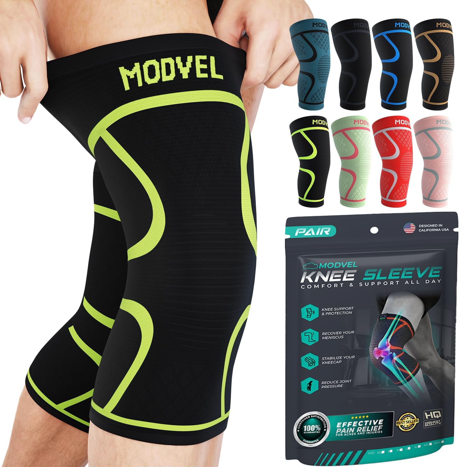 Modvel Knee Braces for Knee Pain Women & Men - 2 Pack Knee Brace for Knee Pain Set, Knee Brace Compression Sleeve, Knee Support for Knee Pain Meniscus Tear, ACL & Arthritis Pain Relief,Green L