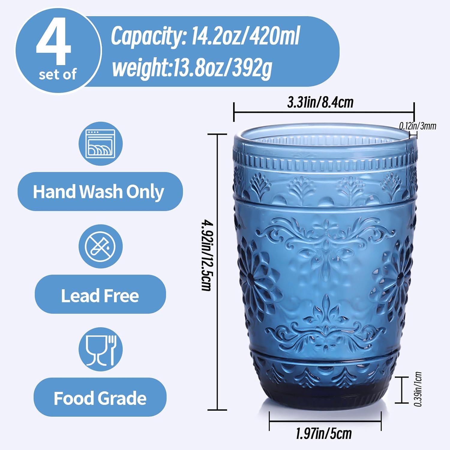 14OZ Drinking Highball Beverage Glass Cup, Blue Drinking Glasses, Colored Glassware Set for Party Wedding, Home, Office, Water, Juice, Cocktail, Highball Glasses Set of 4 - Image 5