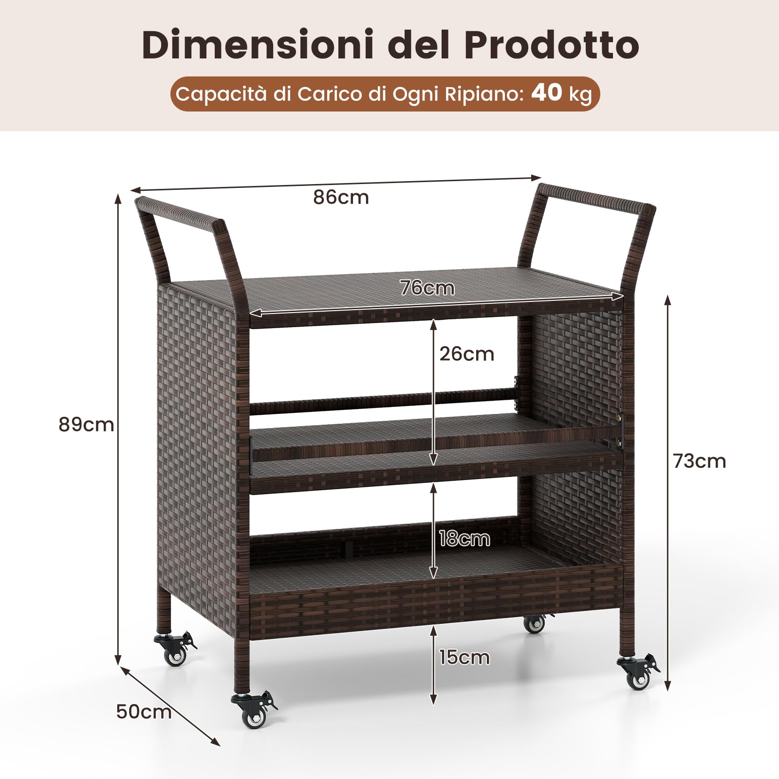 COSTWAY Carrello da Bar da Esterno, Mensola di Stoccaggio in Vimini con 3 Livelli Ruote e Maniglie Laterali, Tavolino da Servizio per Giardino Bordo Piscina Veranda, 86 x 50 x 89 cm