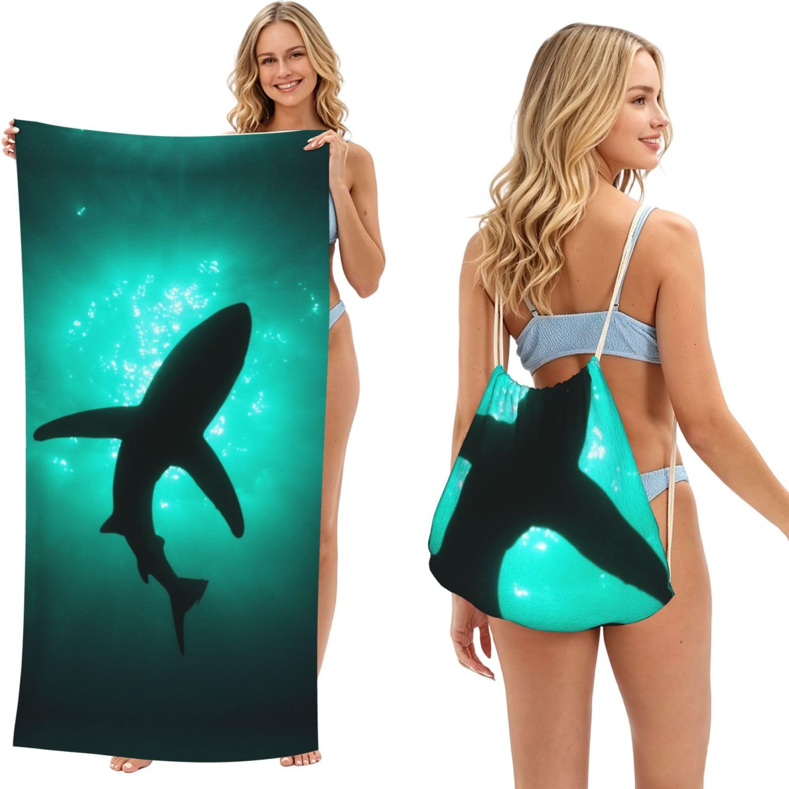 SATUSA Undersea Black Whales Print 2-In-1 Foldable Beach Towel Backpack â€“ Camping, Yoga And Travel,Bath Towel With Built-In Storage, Convertible Beach Mat & Carry Bag