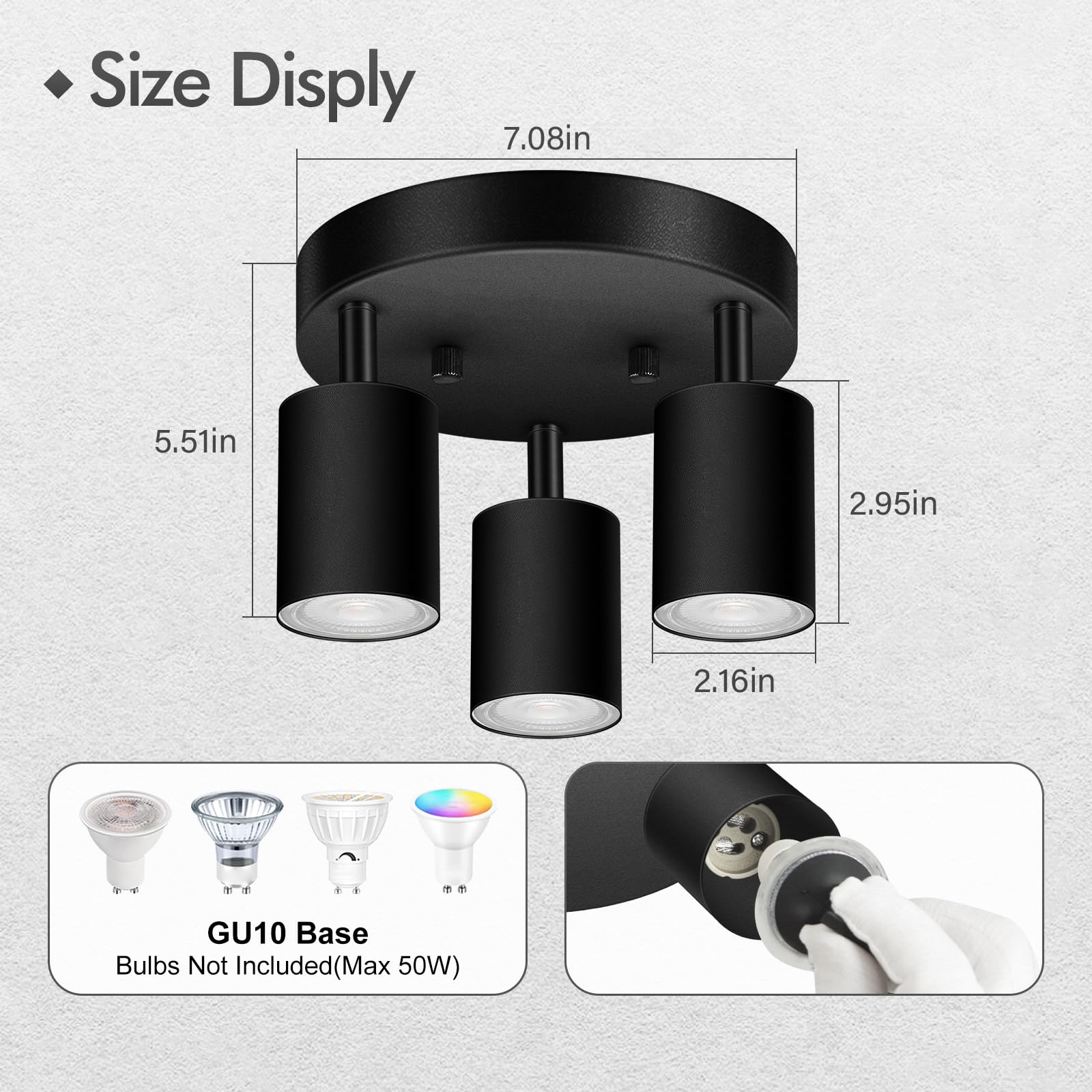 3 luces de riel de iluminación de techo, foco de techo direccional redondo negro mate, GU10 de montaje empotrado para techo/pared, luz LED moderna ajustable para cocina/sala de estar, sin bombilla 3