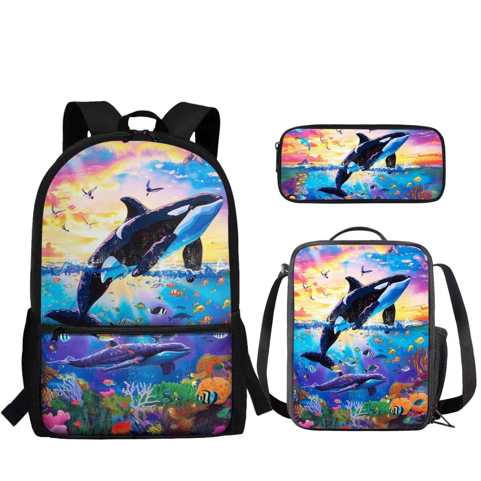 Dremagia Killer Whale Backpack and Lunch Box Kids Backpacks with Lunch Bag for Girls Elementary School 17 Inch School Bag for Boys 7-8 8-12 Lunchbox