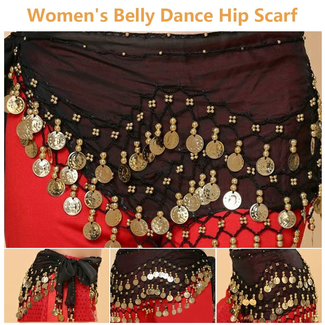Bufandas de Cadera para Danza del Vientre, Faldas con Forma de Onda para Mujeres, Cinturón con Monedas y Brazaletes