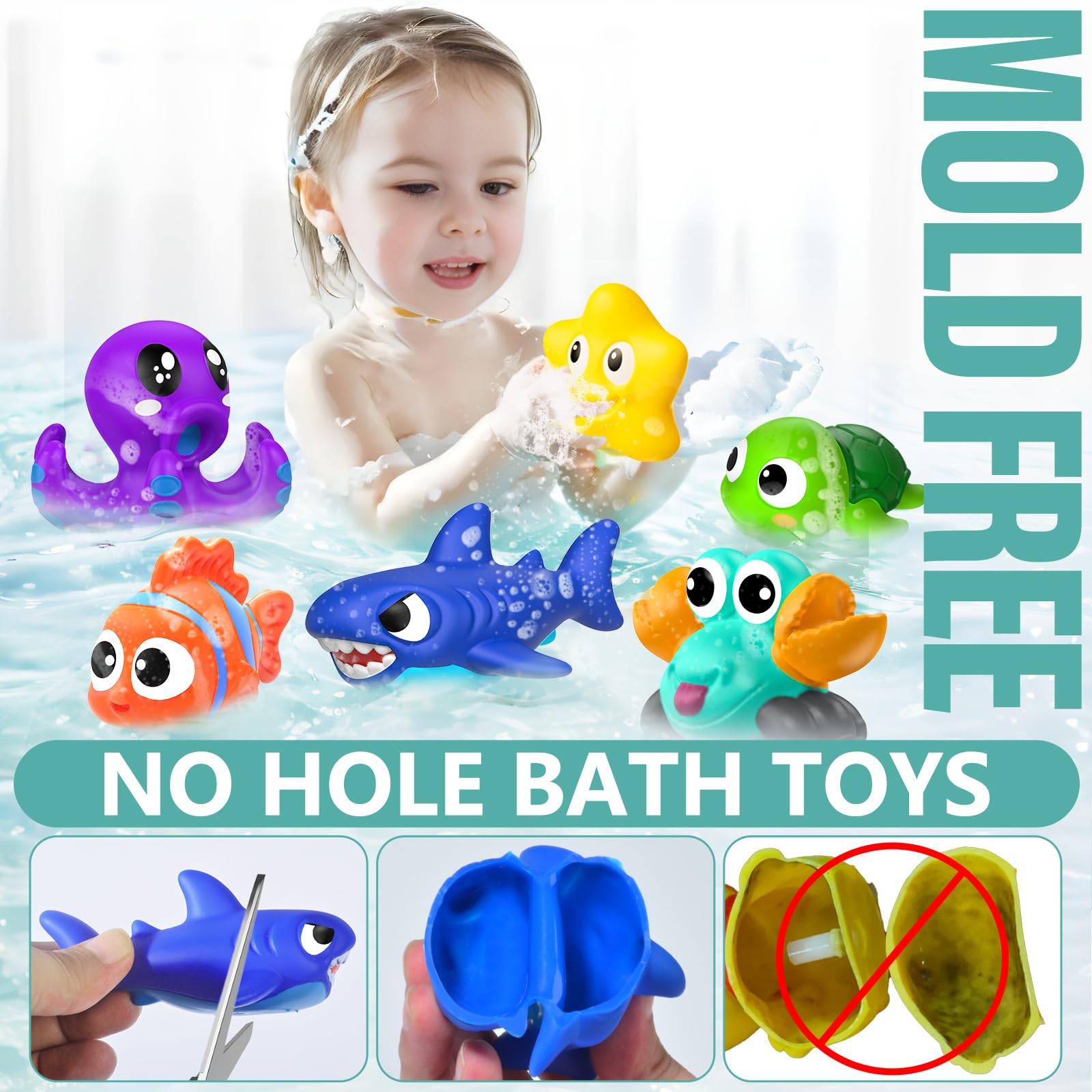 GZHFMUS No Hole Mold Free Baby Bath Toys for Kids Ages 1-3,Water Toys for Babies and Toddlers,Ocean Animal Bath Toys for Bathtub,Shower,Beach, Pool,Water Table,Boys Girls Gifts with Storage Bag