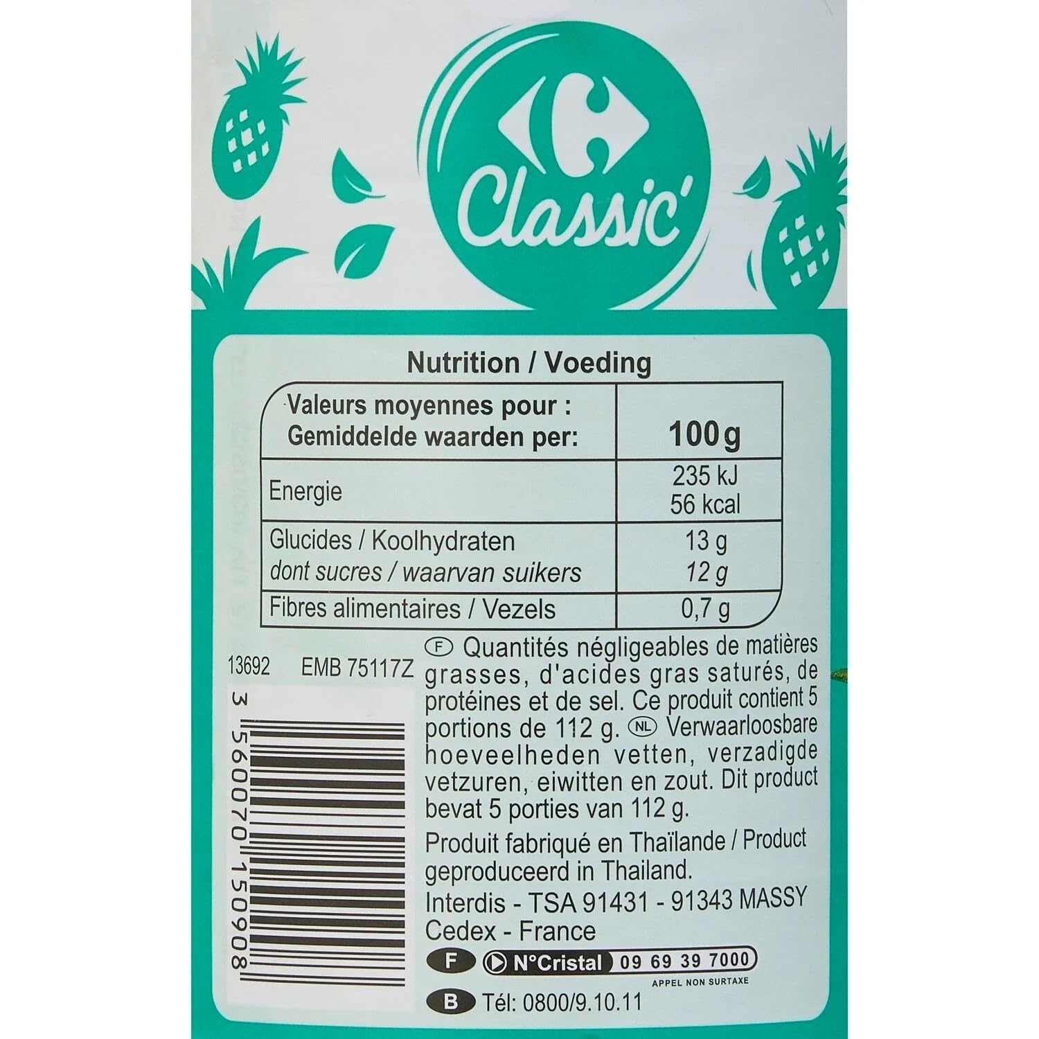 CARREFOUR CLASSIC' - Ananas en Tranches au Jus d'Ananas - la boite de 340g net égoutté - 560g - Le Lot De 4