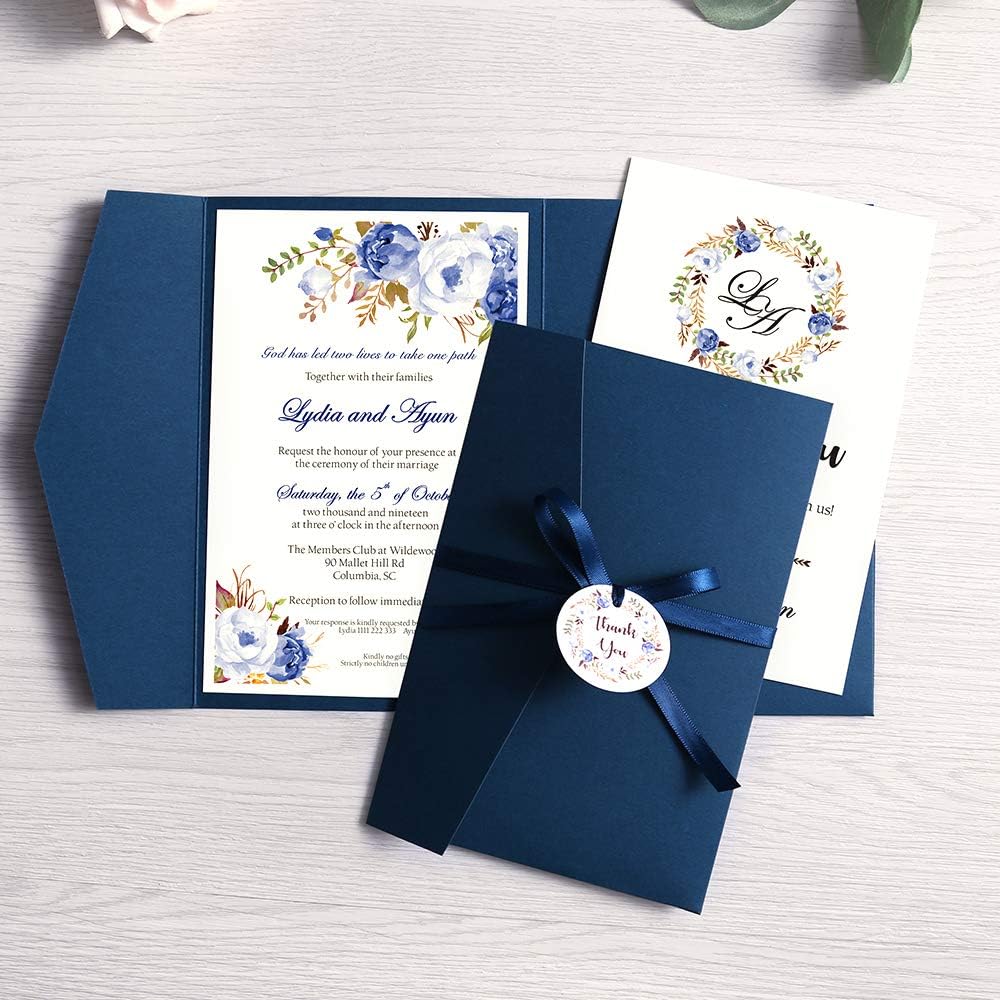 DORIS HOME 50PCS Personalized Navy Blue 4.7 x7.1inch Tri-fold wedding invitations for Bridal Shower/Dinner/Party with Ribbon and Tags