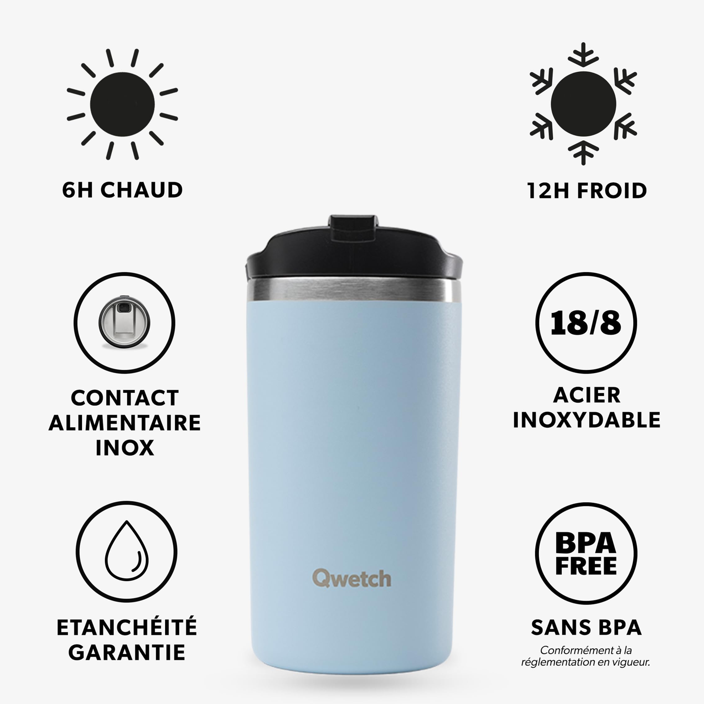 QWETCH - Tazza termica da viaggio – blu pastello 350 ml – Thermo Café & Tè in acciaio inox – 6 ore caldo e 12 ore freddo – impermeabile, tazza da viaggio