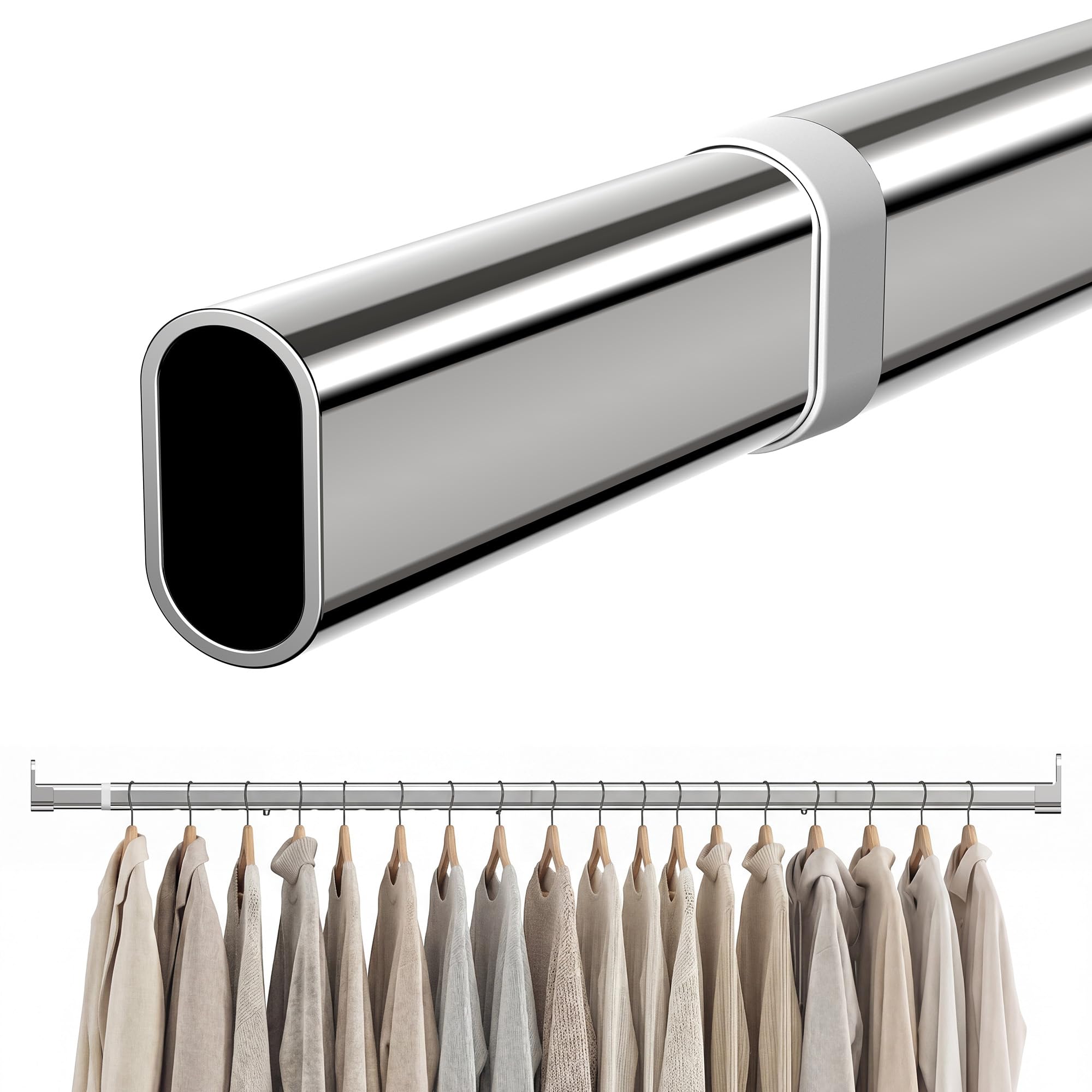 Photo 1 of Oval Closet Rod 18-52 Inch Adjustable Closet Rods for Hanging Clothes Heavy Duty Silver Poles Bar with End Supports Rust Proof Wardrobe Rod for Laundry Room RV