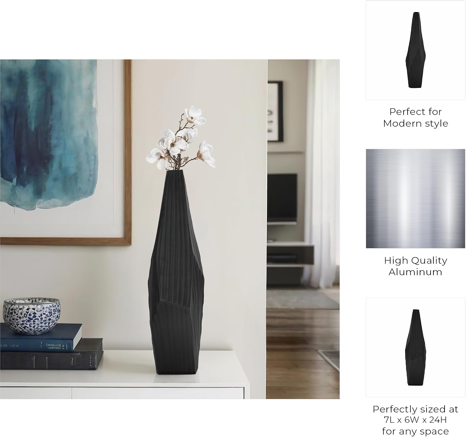 Decorative Asymmetrical Metal Vase for Living Room Decor - Modern Sculptural Flower Vase for House, Office, and Tabletop - Stylish Home Accent for Bedroom or Any Room Decor - 24" Black