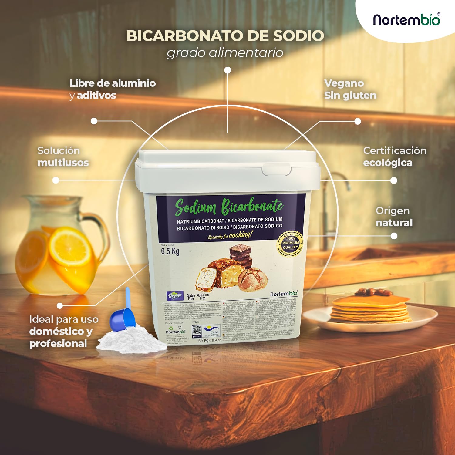 Nortembio Bicarbonato de Sodio E500(ii) 820 g - Aditivo Alimentario para Cocina y Repostería, Calidad Gourmet, Alta Pureza 100% Natural + eBook GRATIS